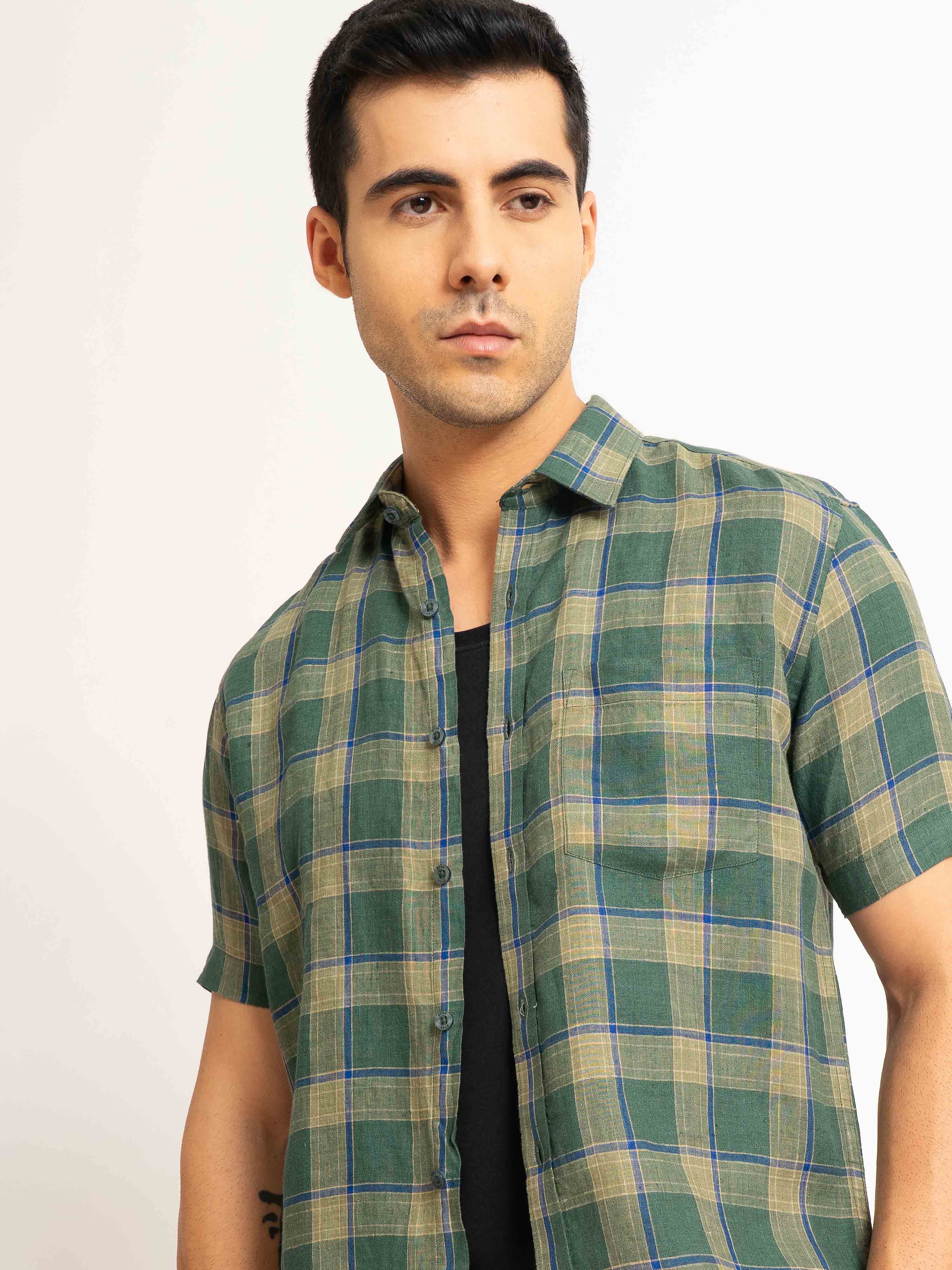 ST4U Men's Pure Linen Half Sleeve Checked Shirt – Olive Green Checks