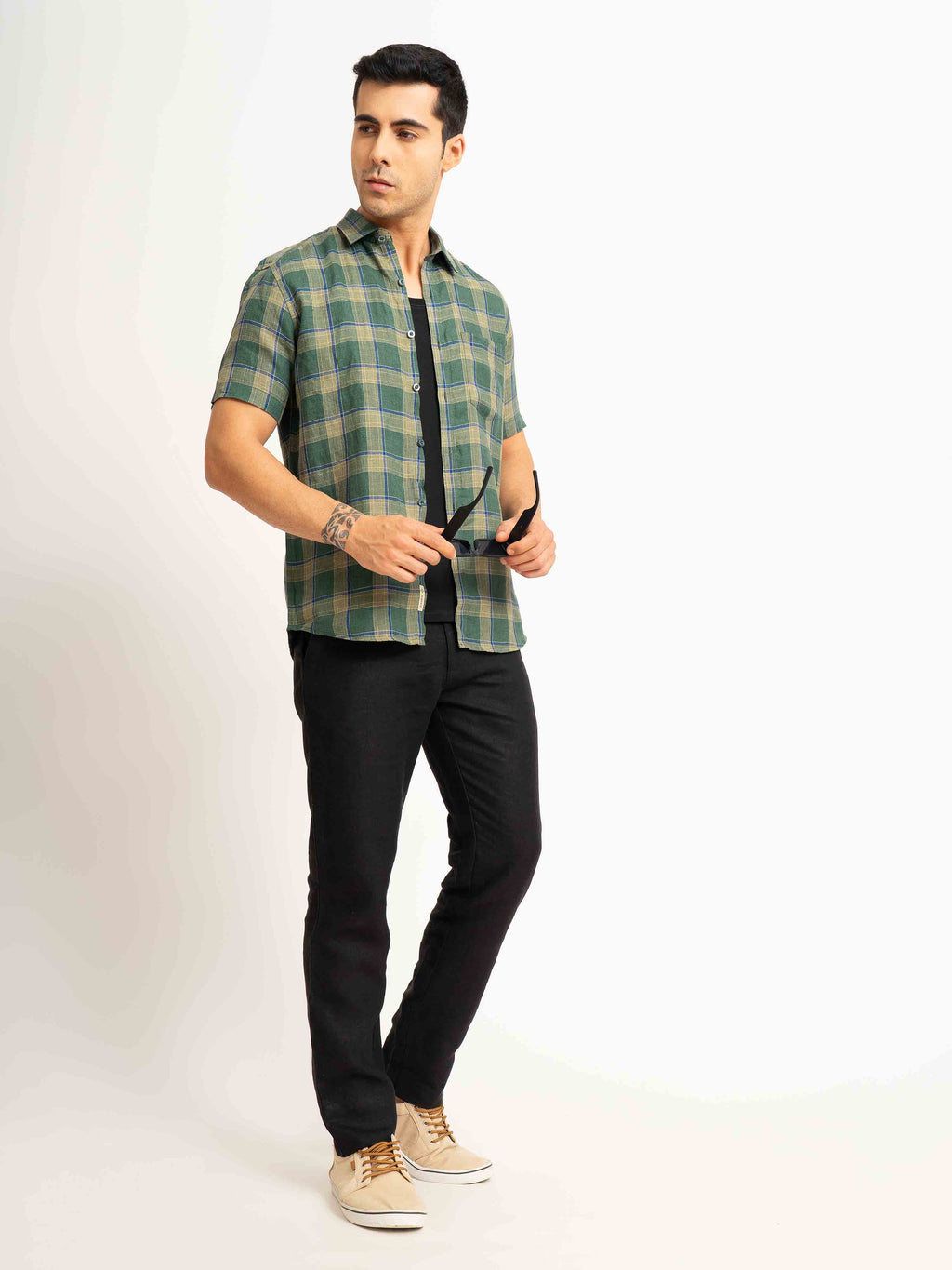 ST4U Men's Pure Linen Half Sleeve Checked Shirt – Olive Green Checks