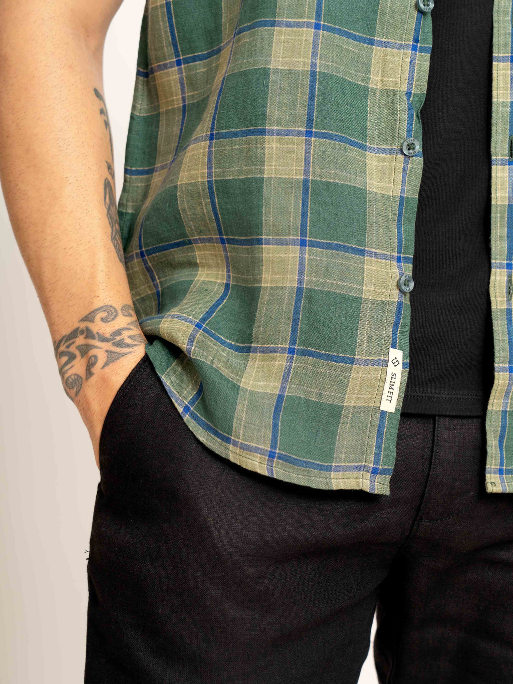 ST4U Men's Pure Linen Half Sleeve Checked Shirt – Olive Green Checks