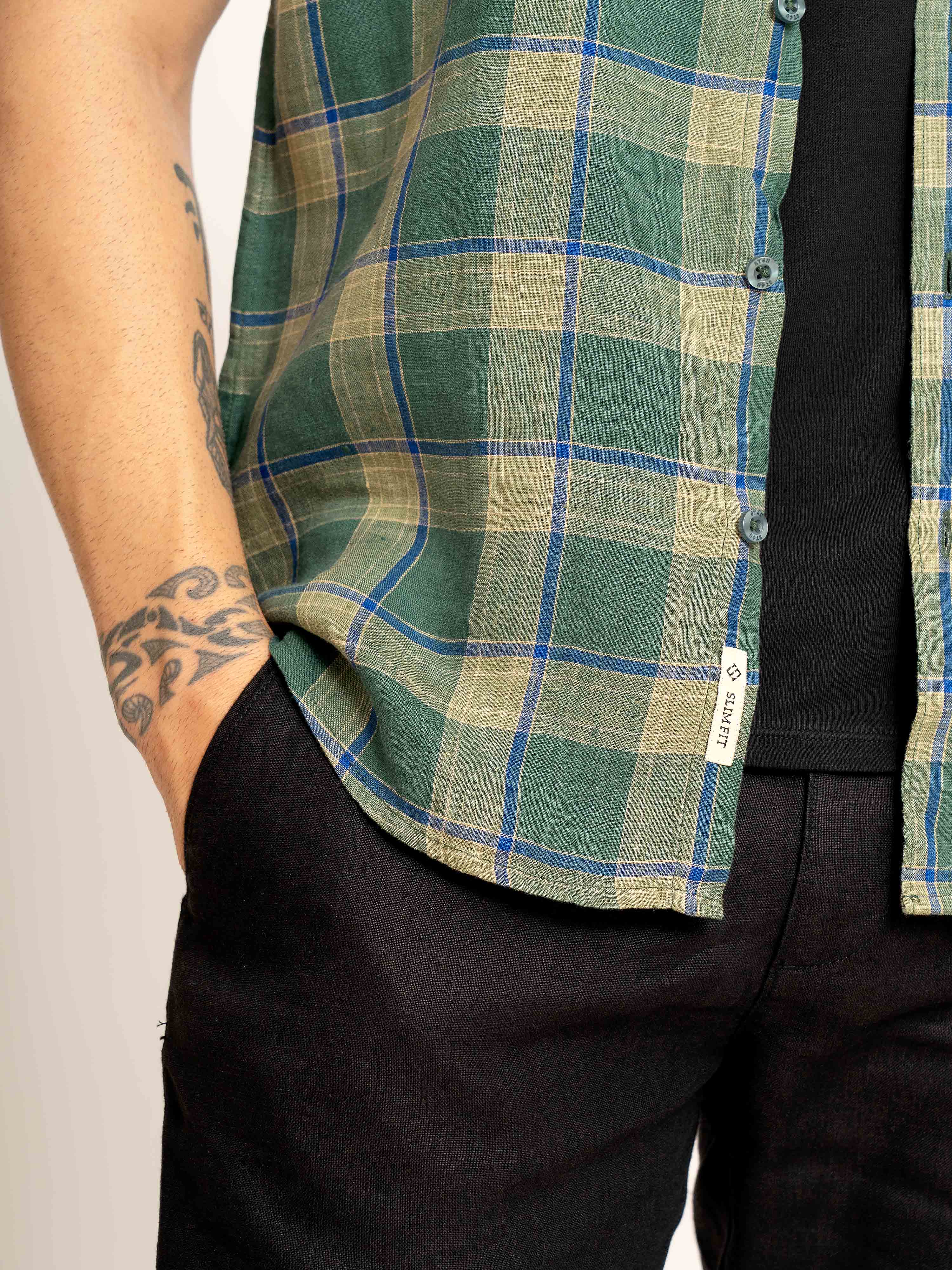 ST4U Men's Pure Linen Half Sleeve Checked Shirt – Olive Green Checks
