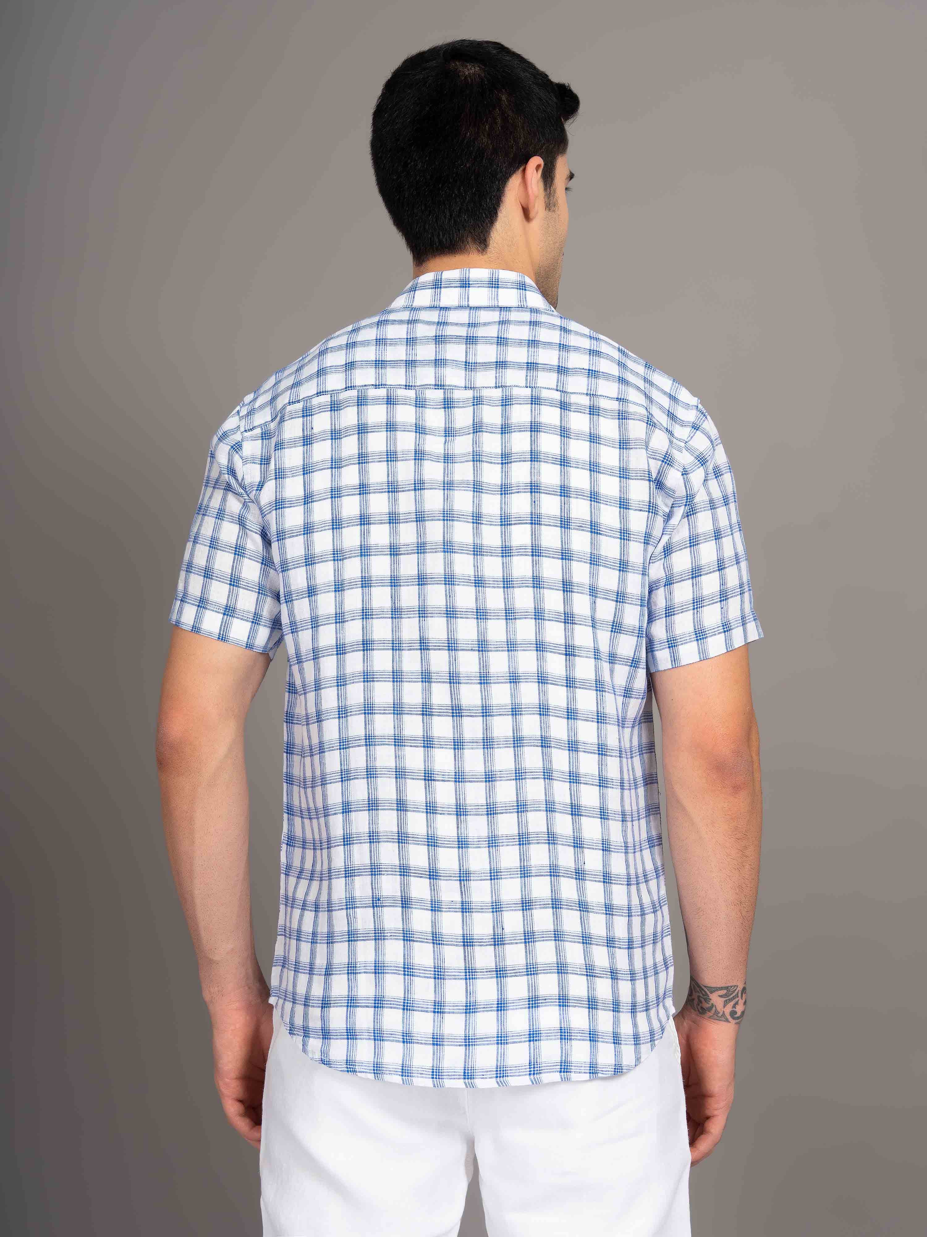 ST4U Men's Pure Linen Half Sleeve Checked Shirt – Dark Blue Checks