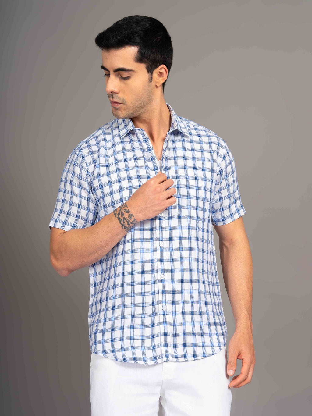 ST4U Men's Pure Linen Half Sleeve Checked Shirt – Dark Blue Checks