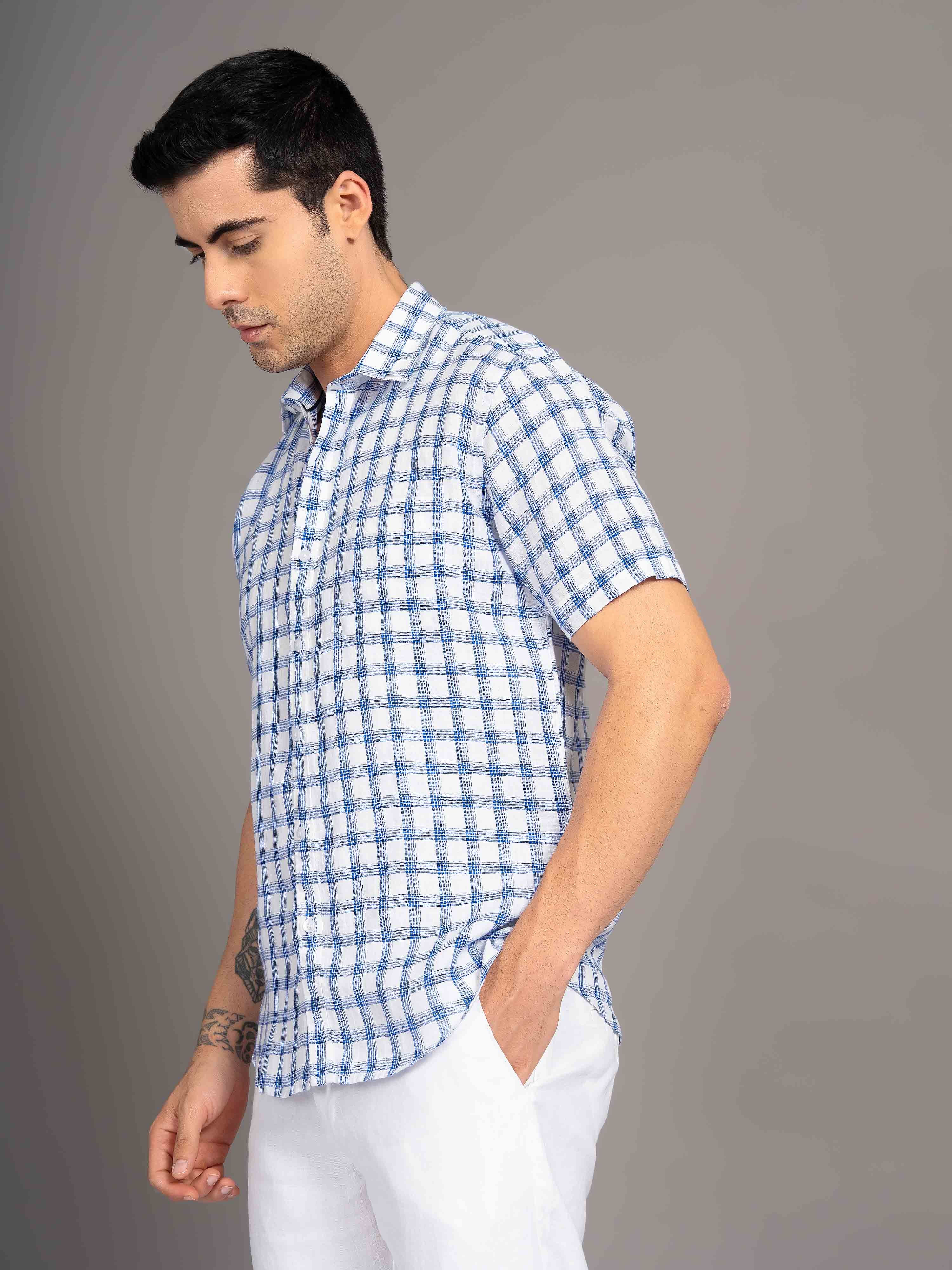 ST4U Men's Pure Linen Half Sleeve Checked Shirt – Dark Blue Checks