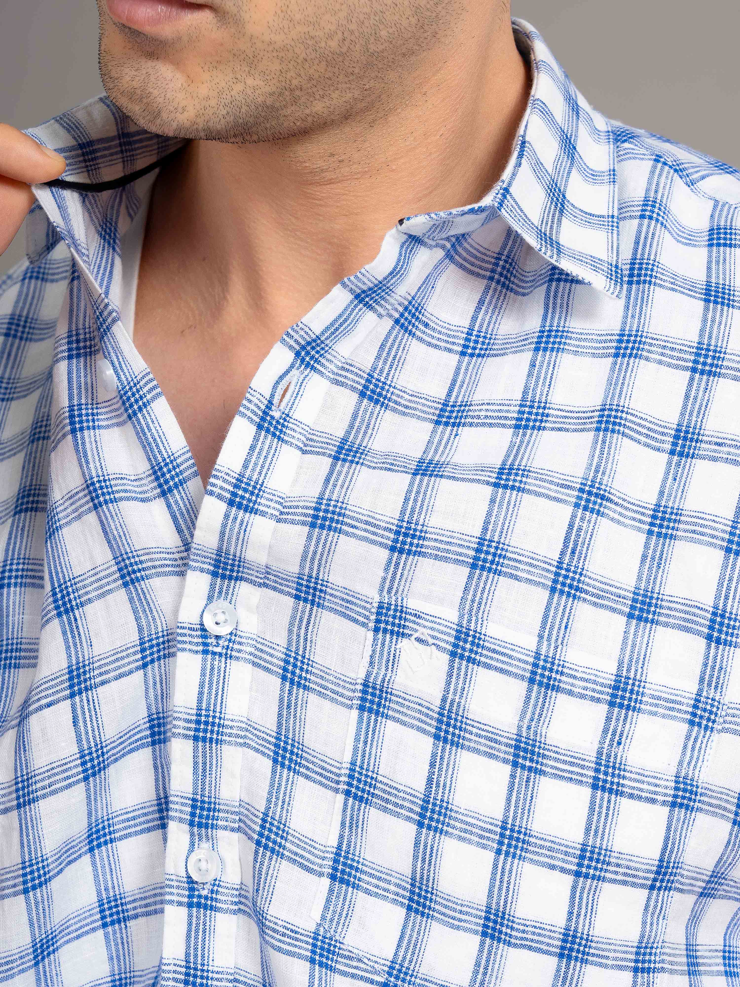 ST4U Men's Pure Linen Half Sleeve Checked Shirt – Dark Blue Checks