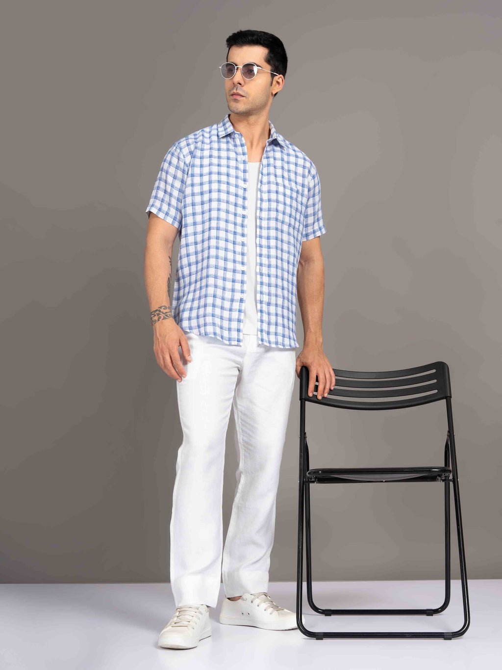 ST4U Men's Pure Linen Half Sleeve Checked Shirt – Dark Blue Checks