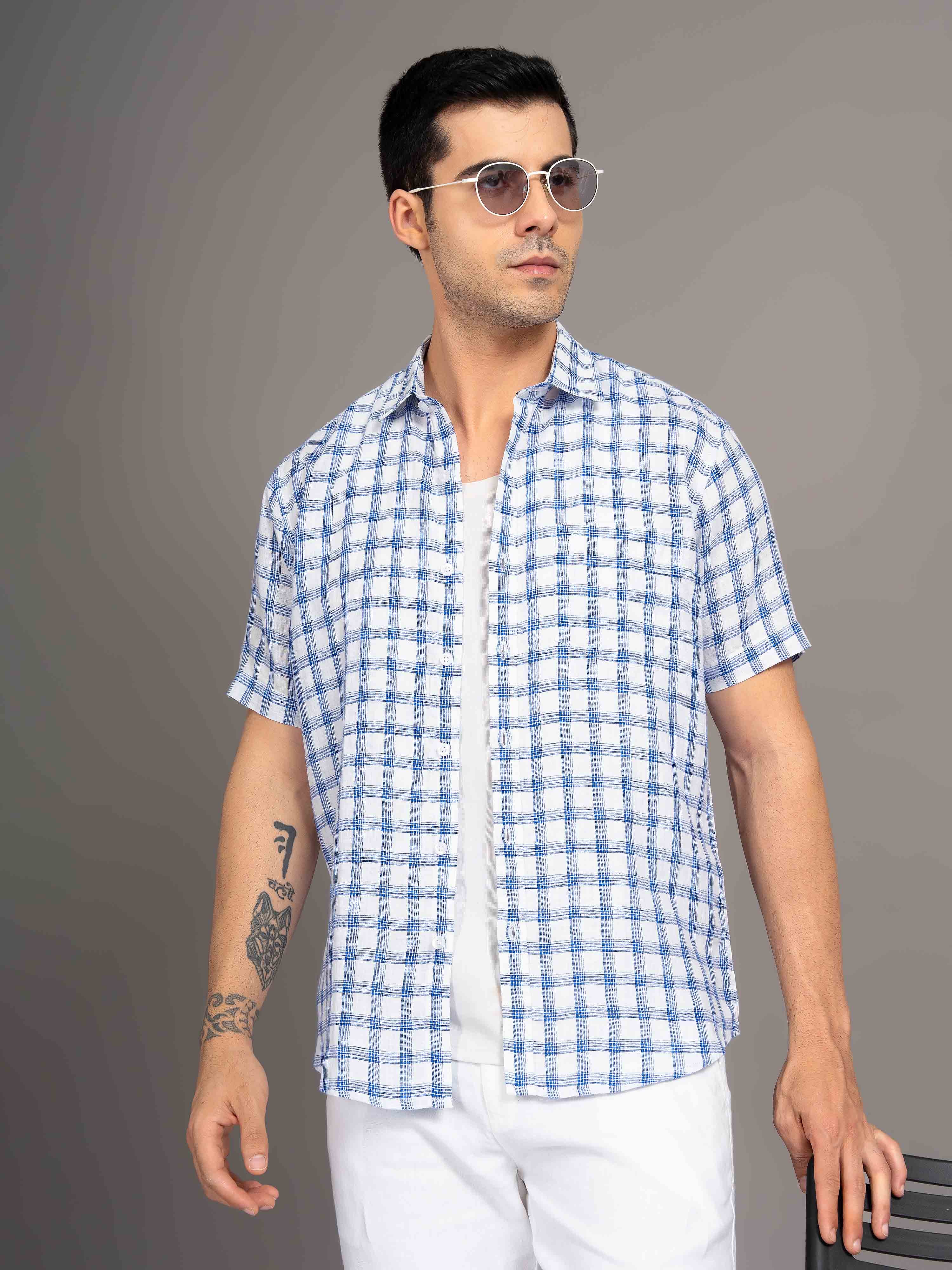 ST4U Men's Pure Linen Half Sleeve Checked Shirt – Dark Blue Checks