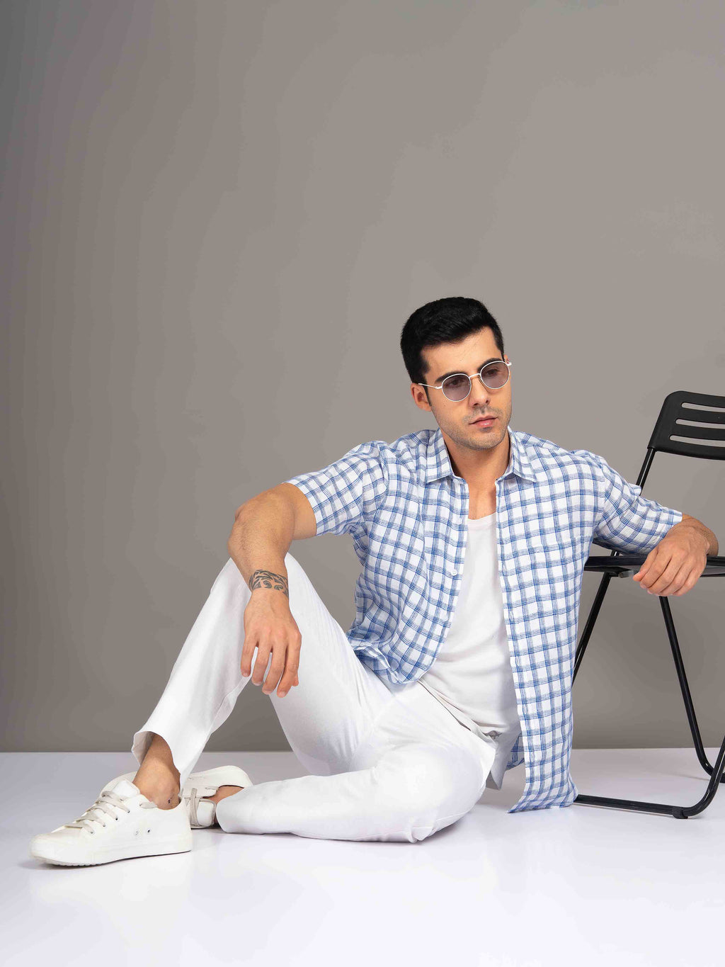 ST4U Men's Pure Linen Half Sleeve Checked Shirt – Dark Blue Checks