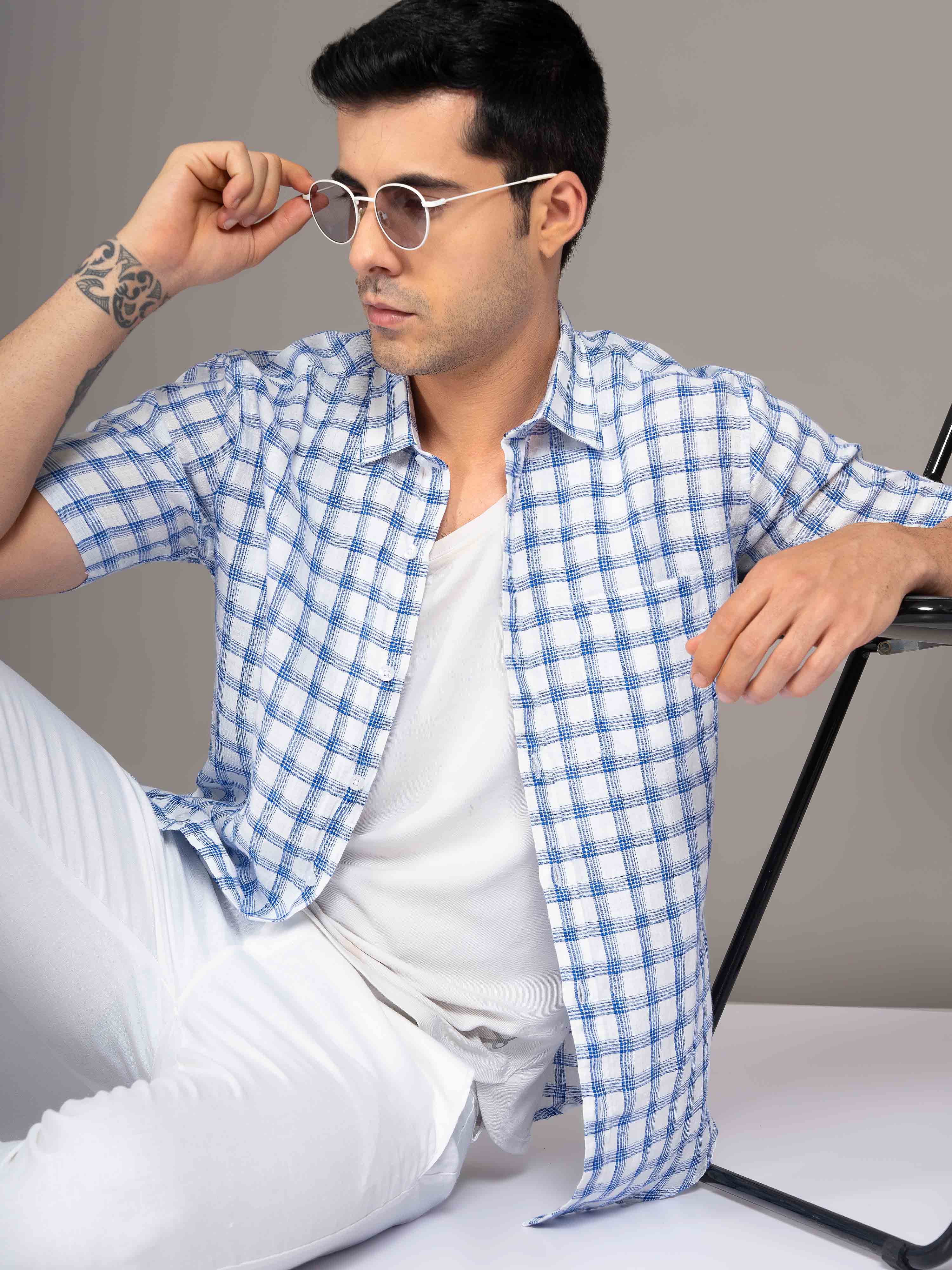 ST4U Men's Pure Linen Half Sleeve Checked Shirt – Dark Blue Checks