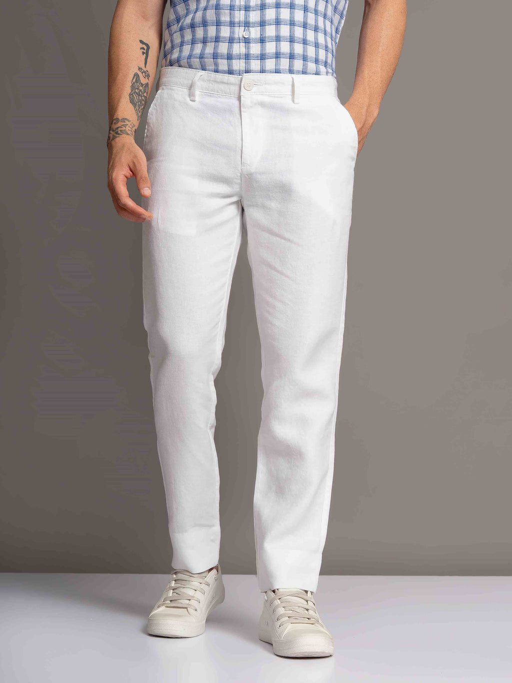 ST4U Men's Pure Linen Slim Fit Flat Front Trouser – White
