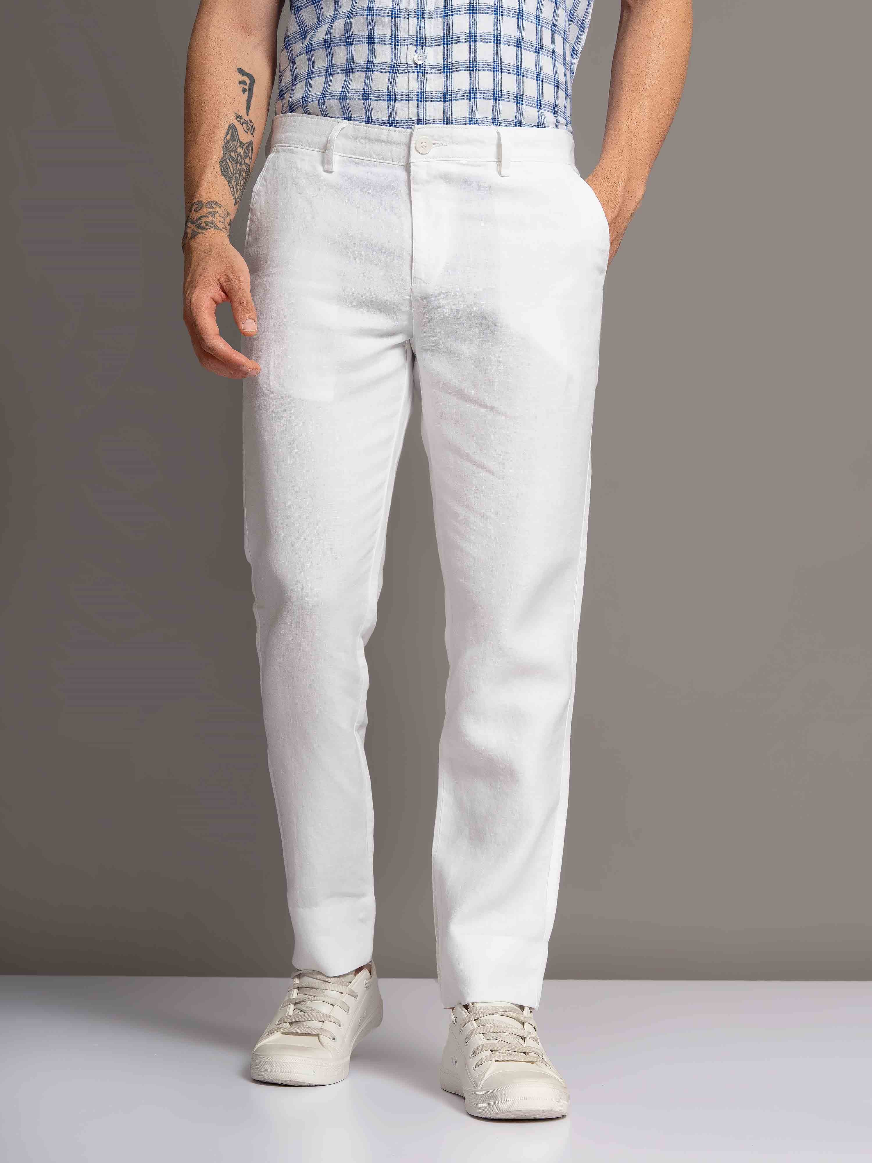 ST4U Men's Pure Linen Slim Fit Flat Front Trouser – White