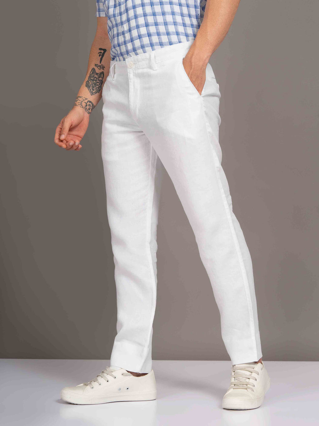 ST4U Men's Pure Linen Slim Fit Flat Front Trouser – White