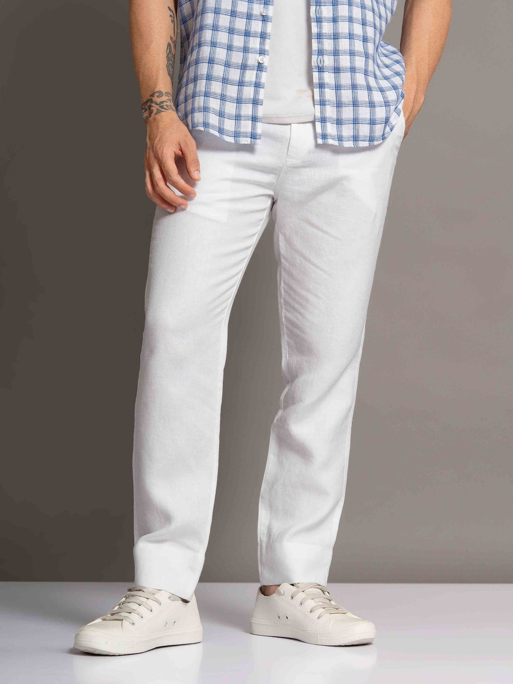 ST4U Men's Pure Linen Slim Fit Flat Front Trouser – White