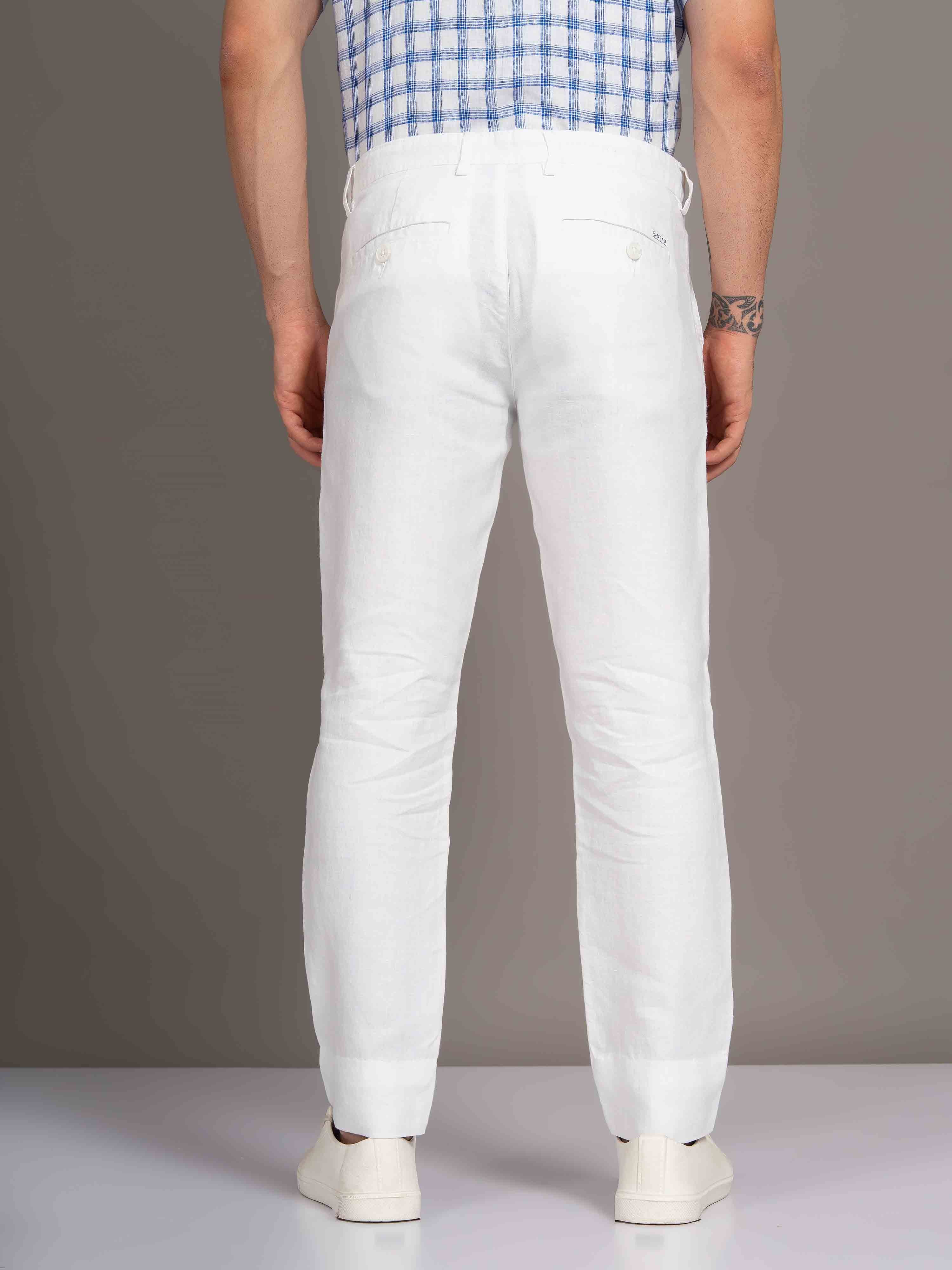 ST4U Men's Pure Linen Slim Fit Flat Front Trouser – White