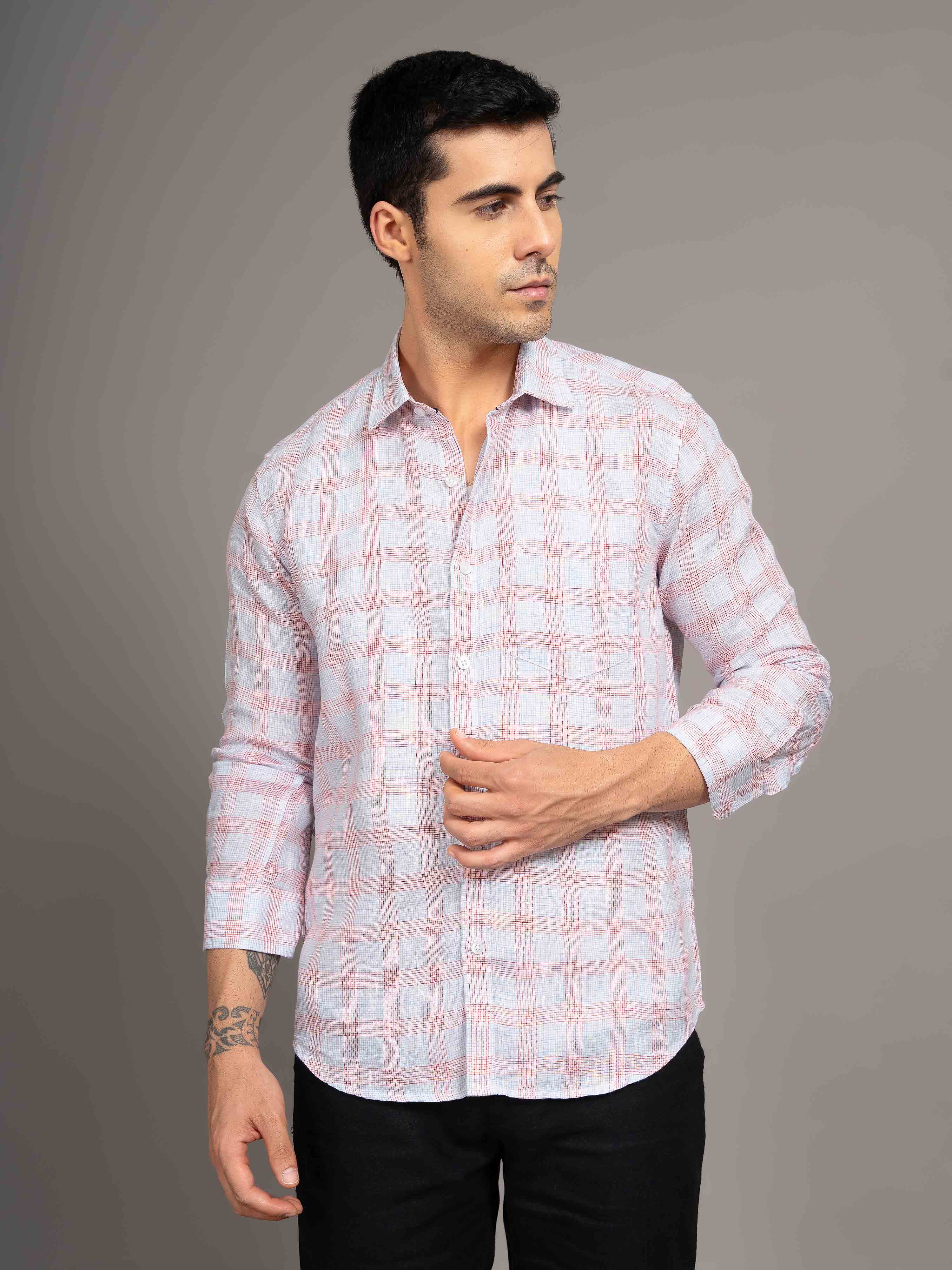 ST4U Men's Pure Linen Full Sleeve Checked Shirt – Red Blue Checks