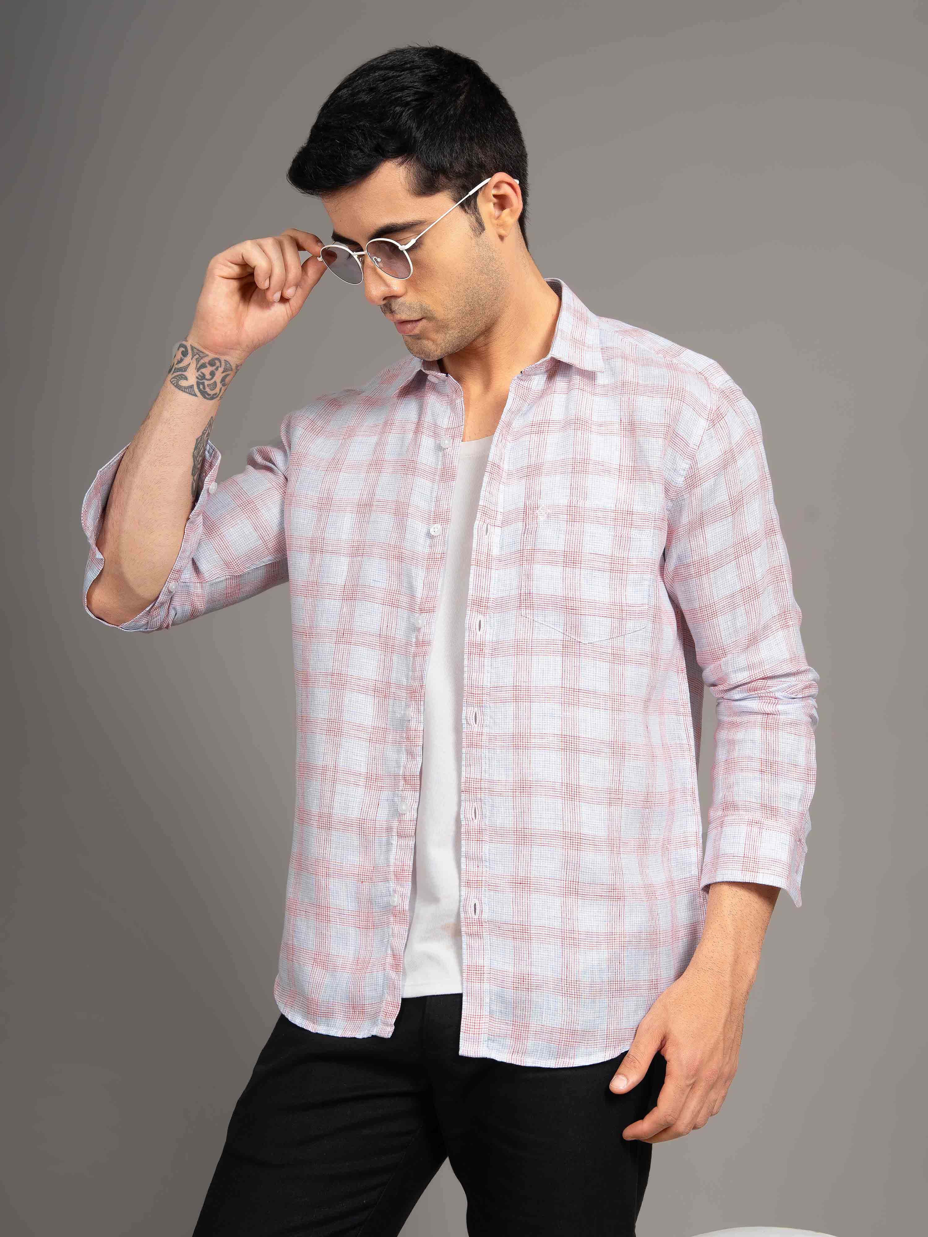 ST4U Men's Pure Linen Full Sleeve Checked Shirt – Red Blue Checks