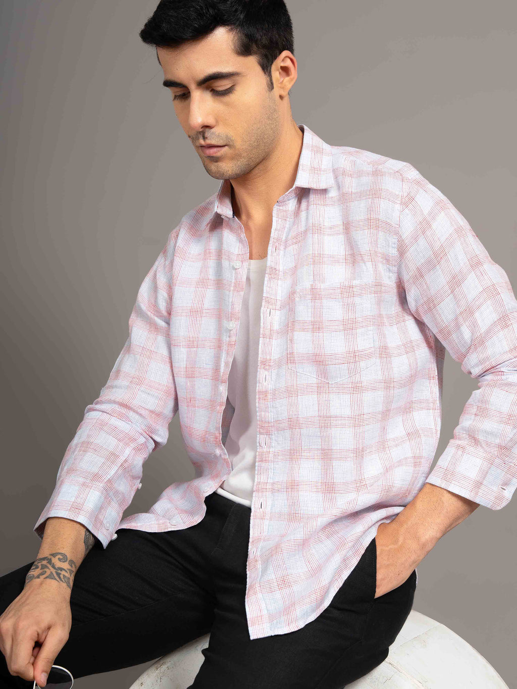 ST4U Men's Pure Linen Full Sleeve Checked Shirt – Red Blue Checks