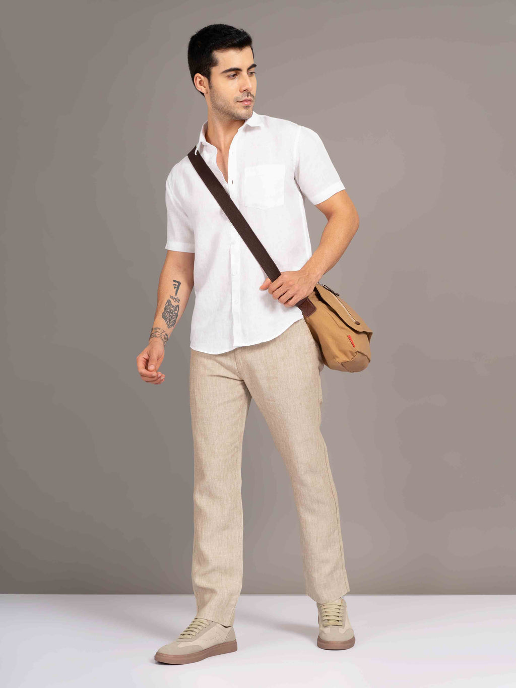 ST4U Men's Pure Linen Chambray Slim Fit Flat Front Trouser – Dark Beige