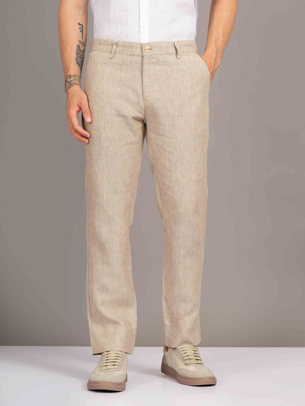 ST4U Men's Pure Linen Chambray Slim Fit Flat Front Trouser – Dark Beige