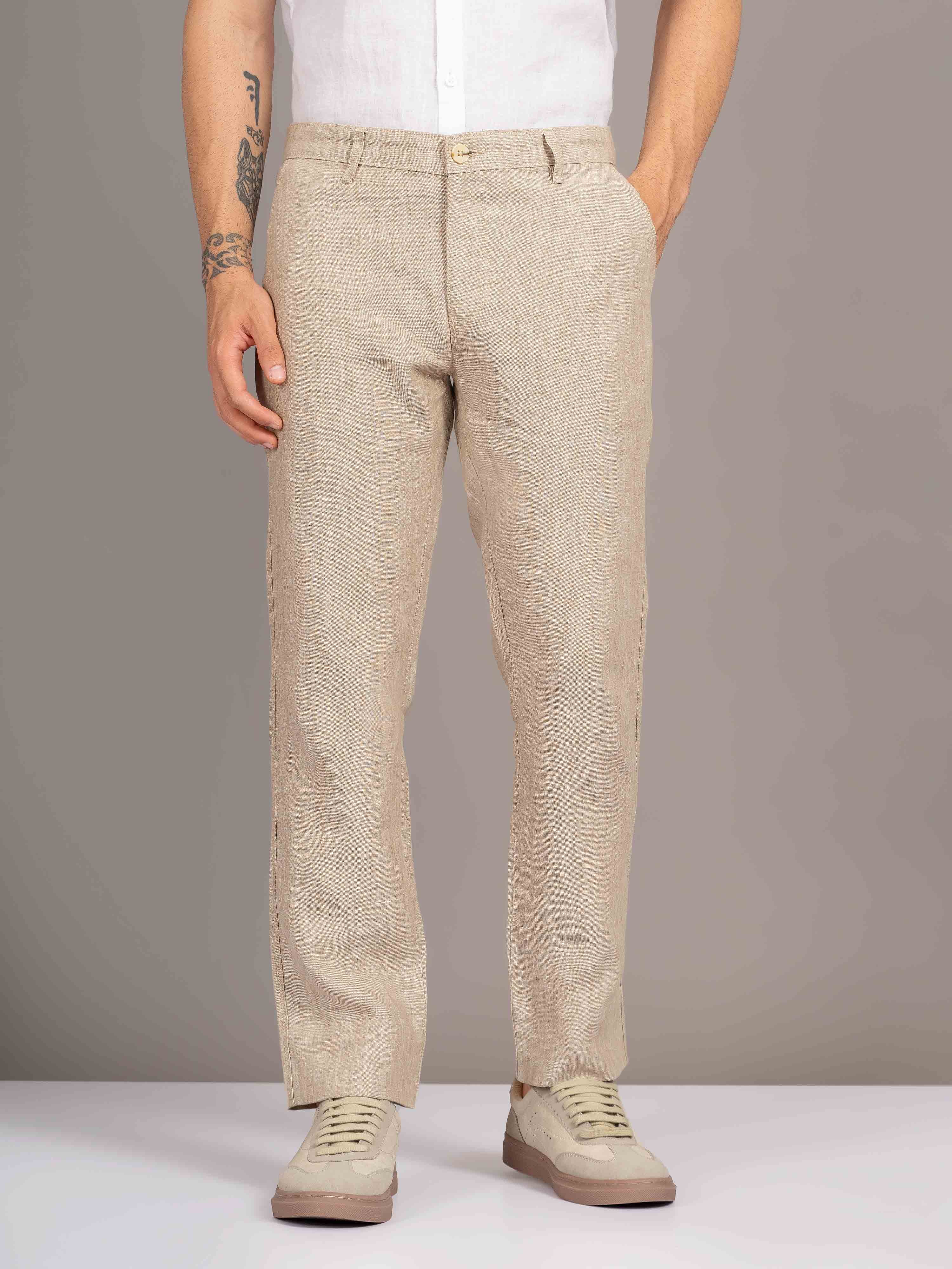 ST4U Men's Pure Linen Chambray Slim Fit Flat Front Trouser – Dark Beige