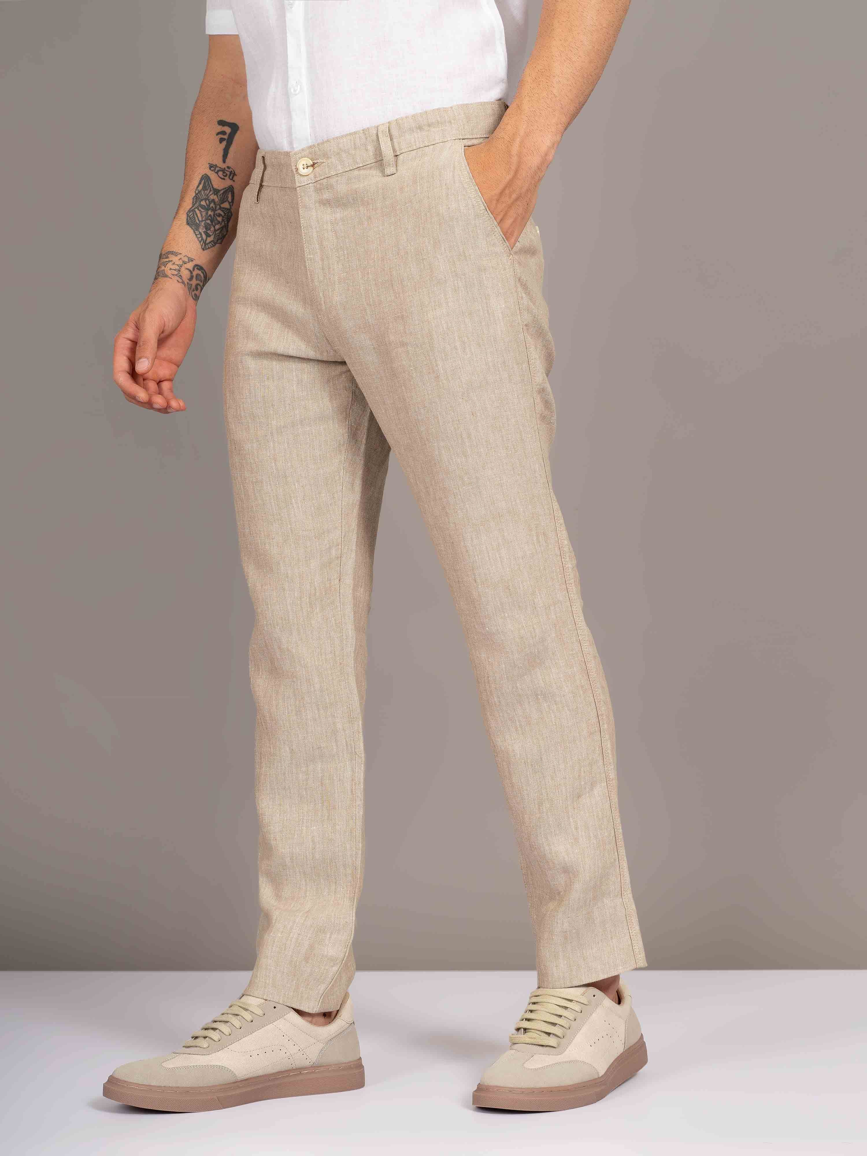 ST4U Men's Pure Linen Chambray Slim Fit Flat Front Trouser – Dark Beige