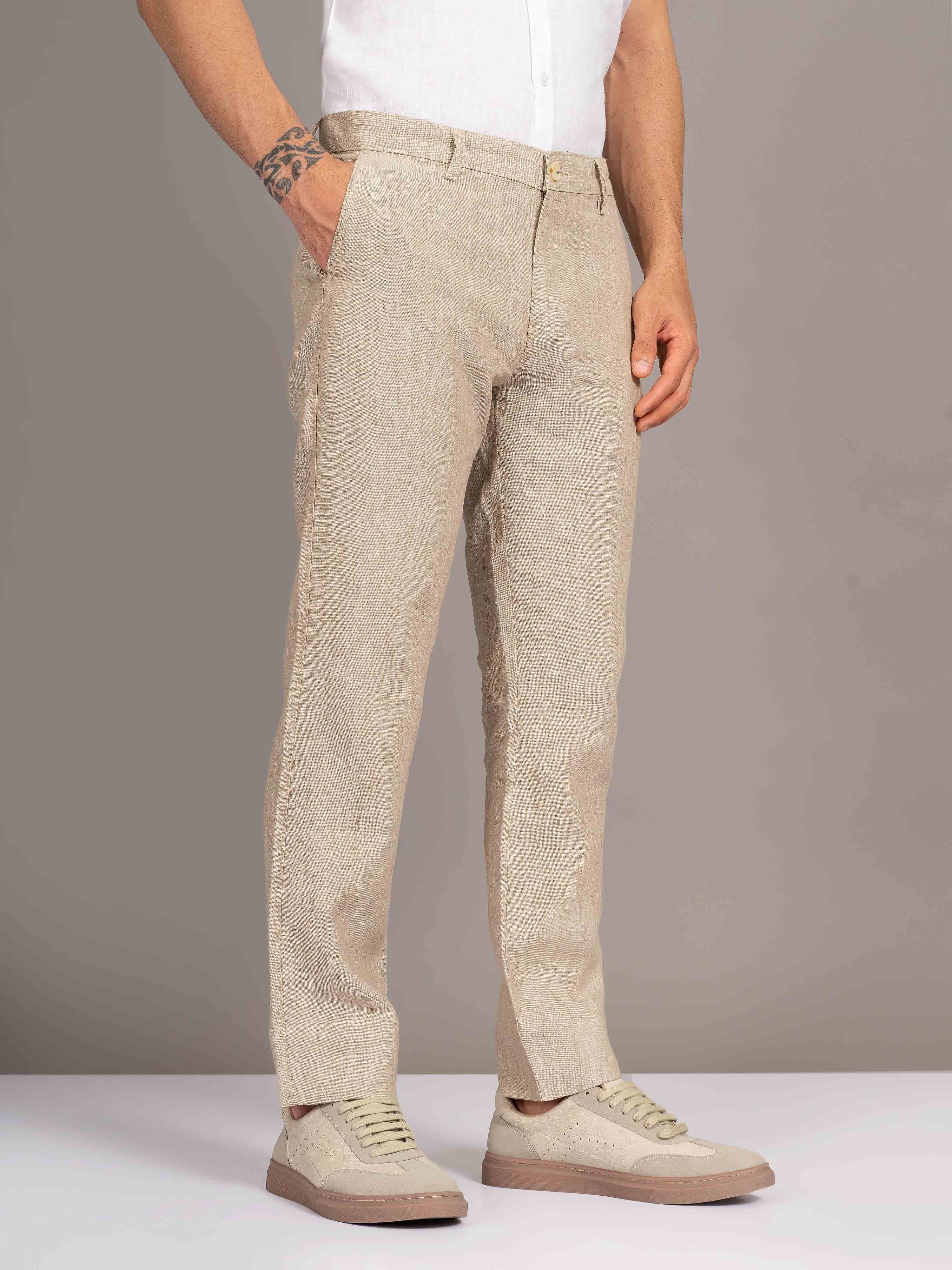 ST4U Men's Pure Linen Chambray Slim Fit Flat Front Trouser – Dark Beige