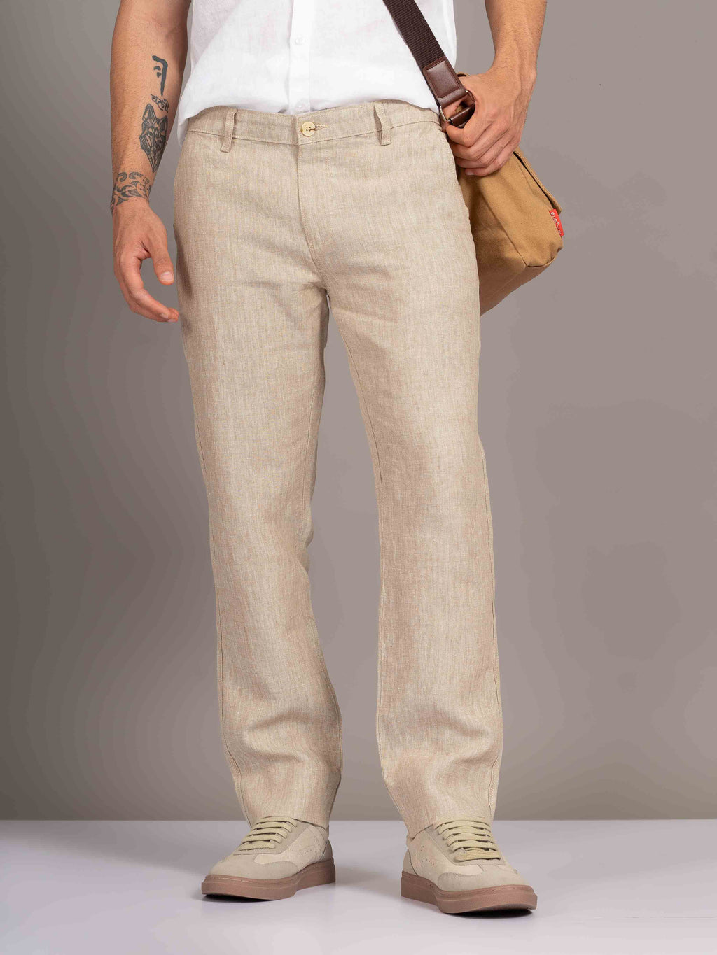 ST4U Men's Pure Linen Chambray Slim Fit Flat Front Trouser – Dark Beige