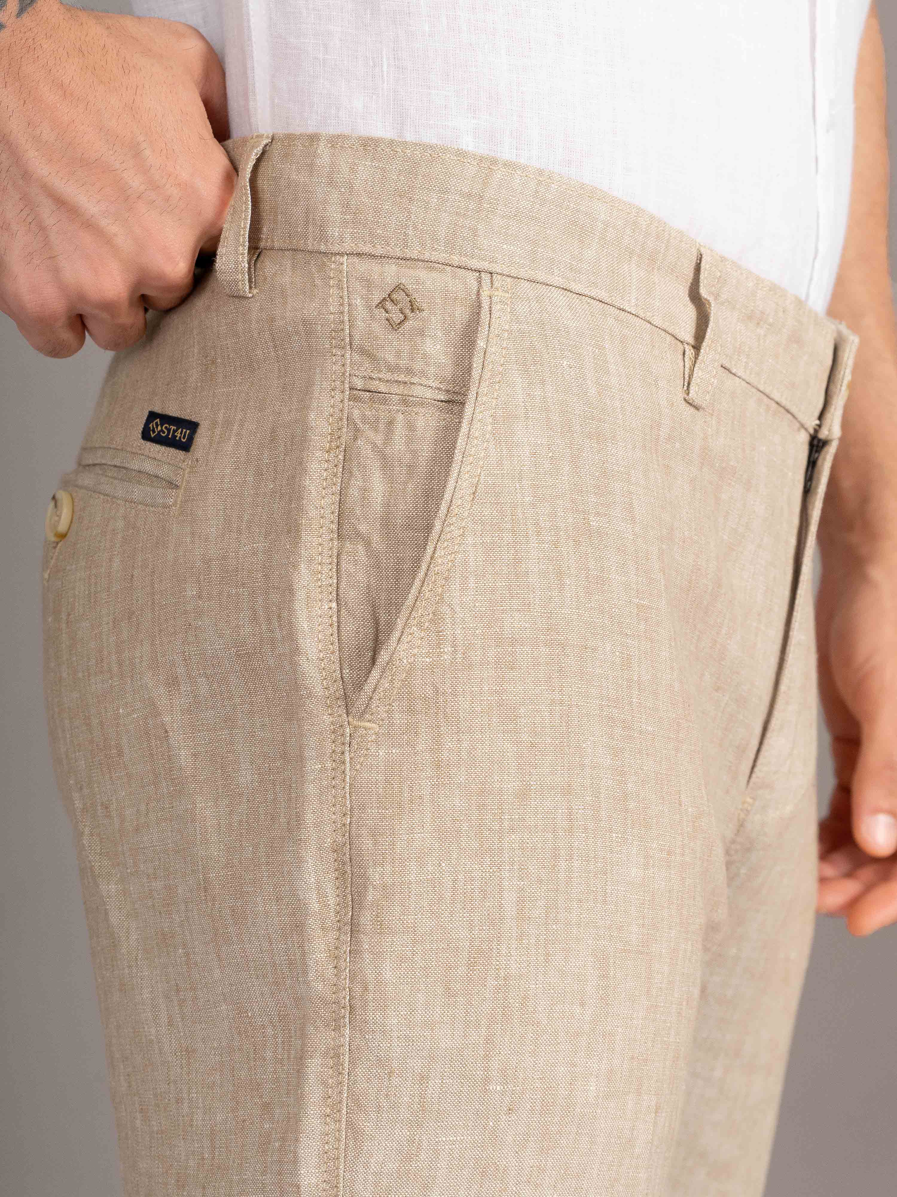 ST4U Men's Pure Linen Chambray Slim Fit Flat Front Trouser – Dark Beige