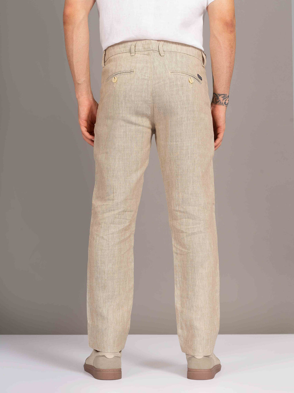 ST4U Men's Pure Linen Chambray Slim Fit Flat Front Trouser – Dark Beige