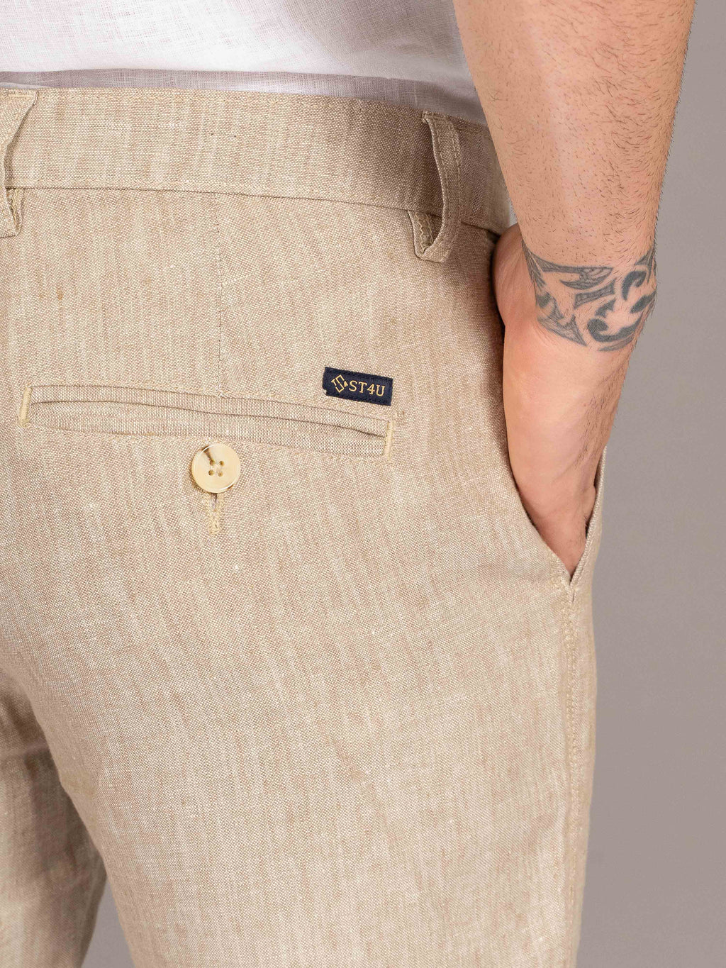 ST4U Men's Pure Linen Chambray Slim Fit Flat Front Trouser – Dark Beige