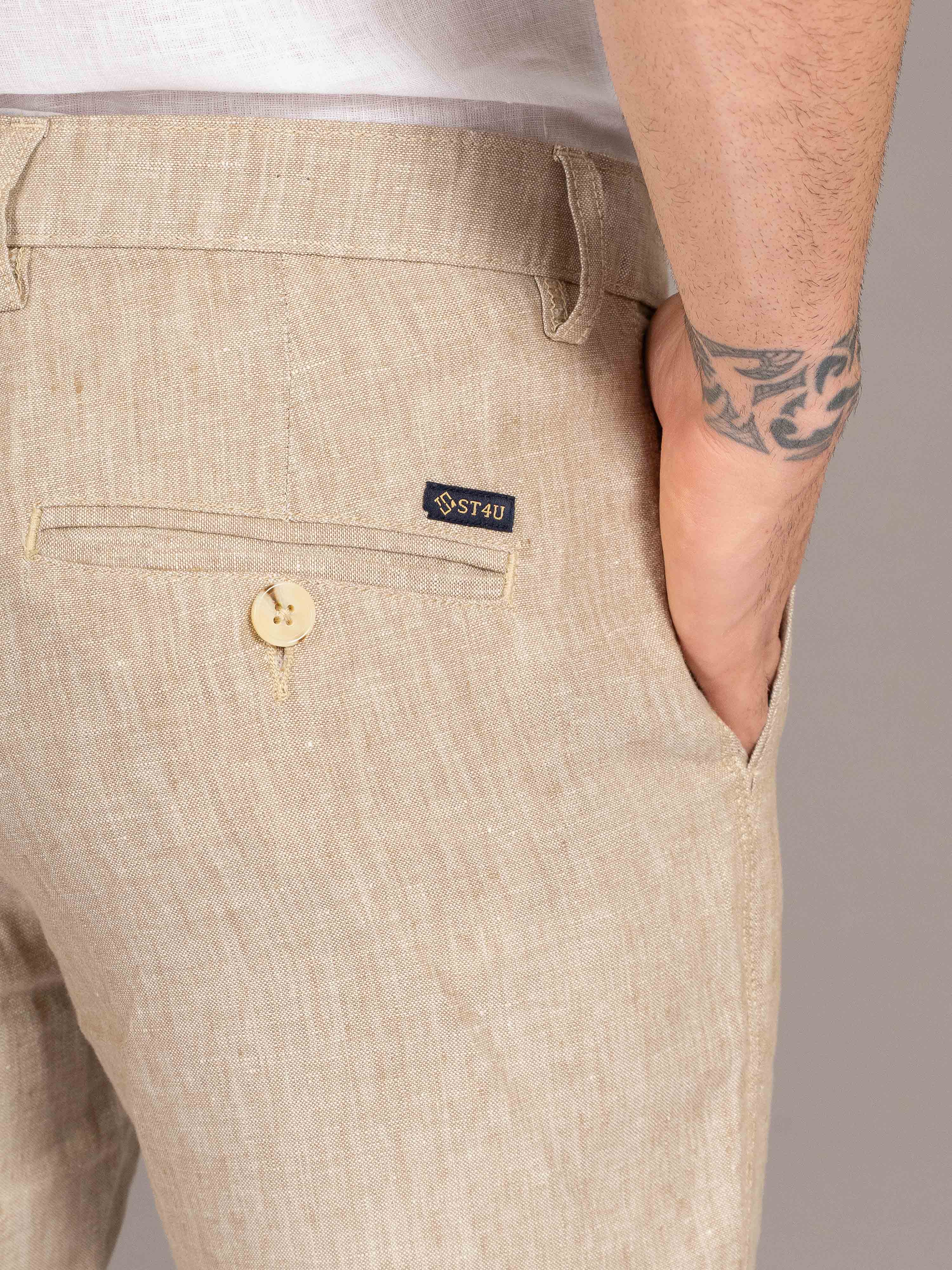 ST4U Men's Pure Linen Chambray Slim Fit Flat Front Trouser – Dark Beige