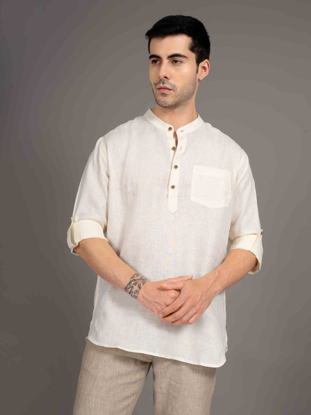 ST4U Men's Pure Linen Full Sleeve Chambray Short Kurta – Cream