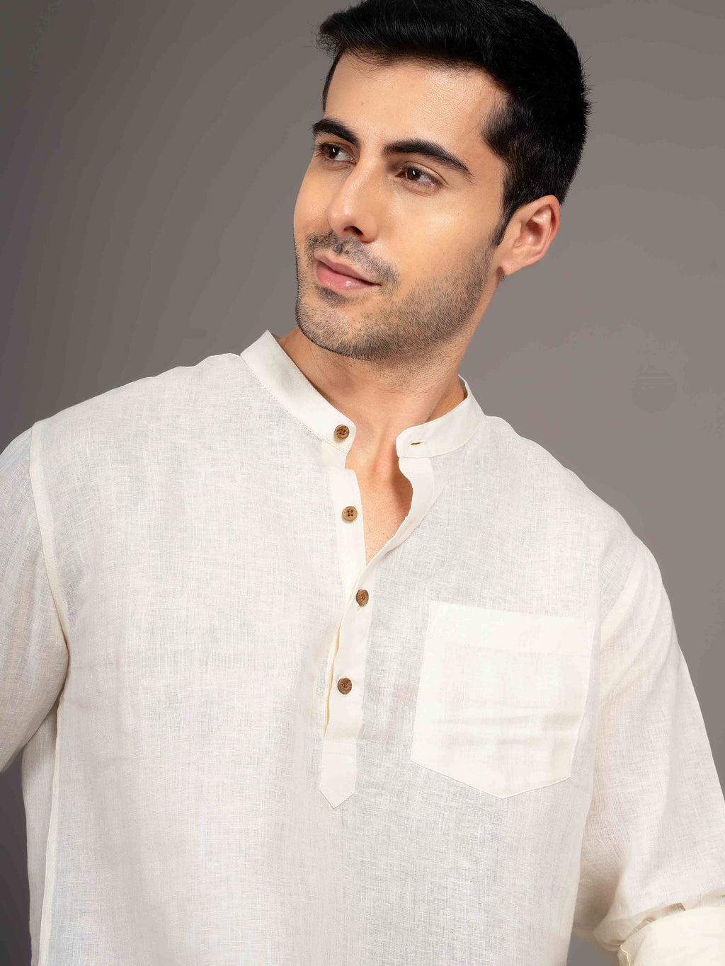 ST4U Men's Pure Linen Full Sleeve Chambray Short Kurta – Cream