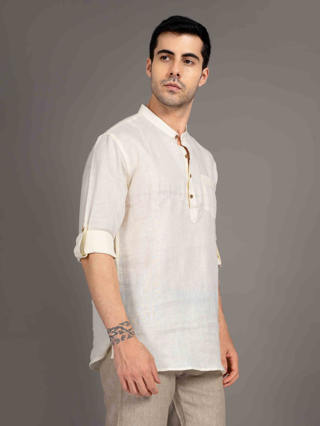ST4U Men's Pure Linen Full Sleeve Chambray Short Kurta – Cream