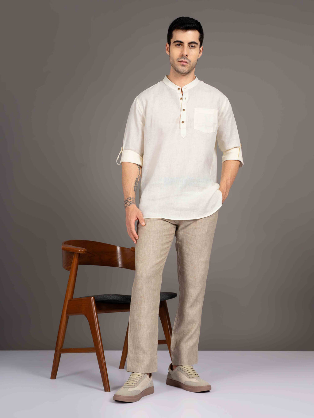 ST4U Men's Pure Linen Full Sleeve Chambray Short Kurta – Cream