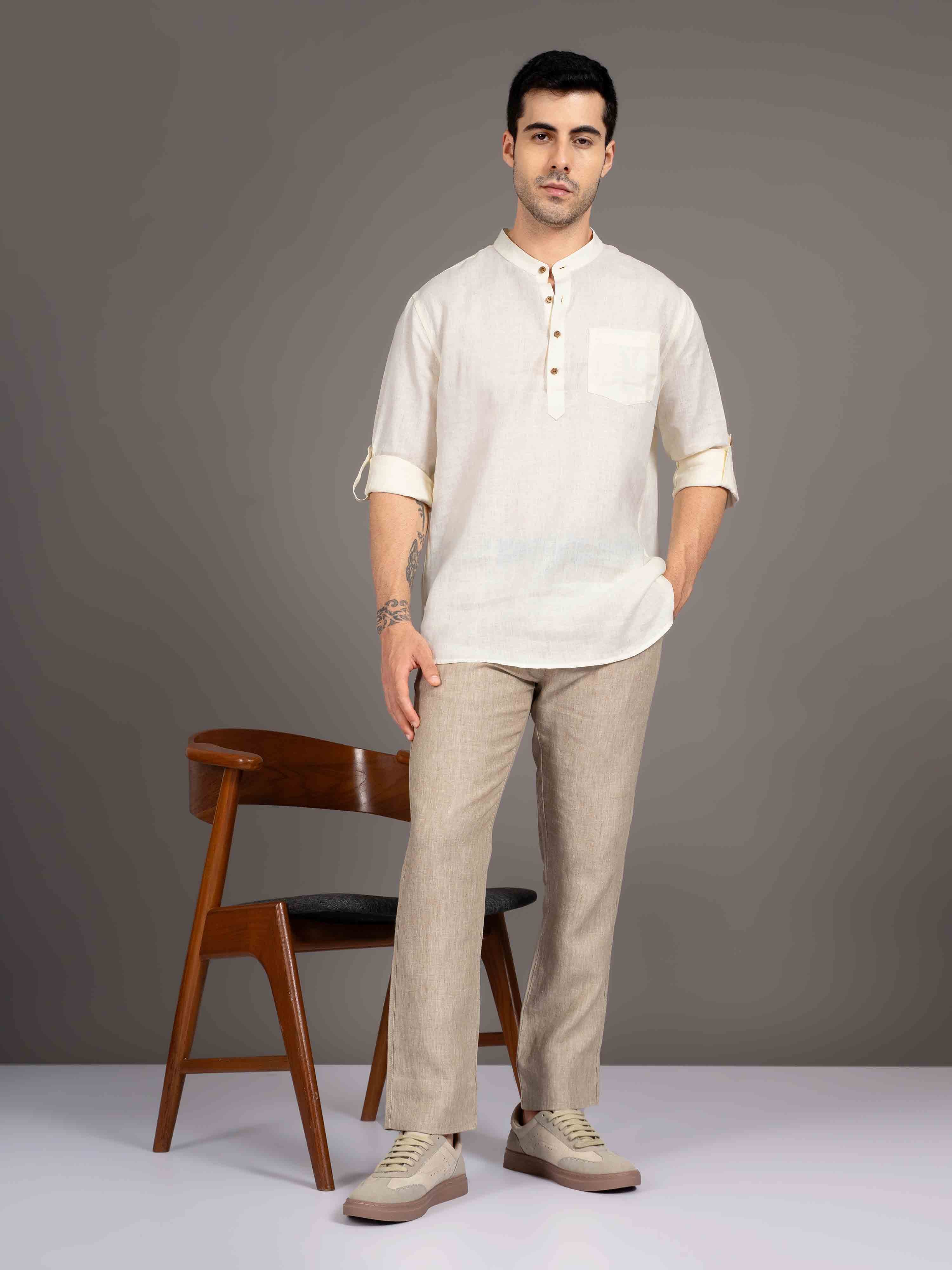 ST4U Men's Pure Linen Full Sleeve Chambray Short Kurta – Cream