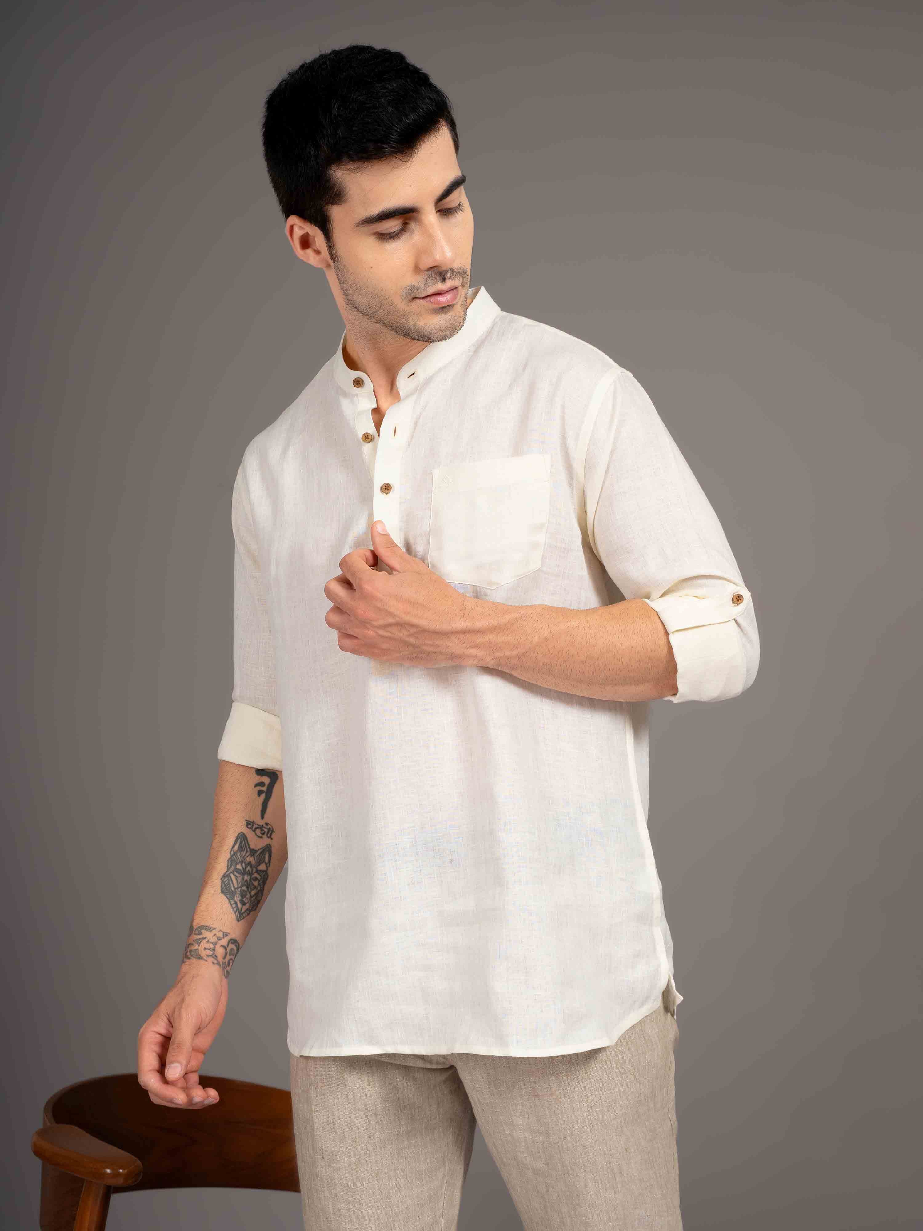 ST4U Men's Pure Linen Full Sleeve Chambray Short Kurta – Cream