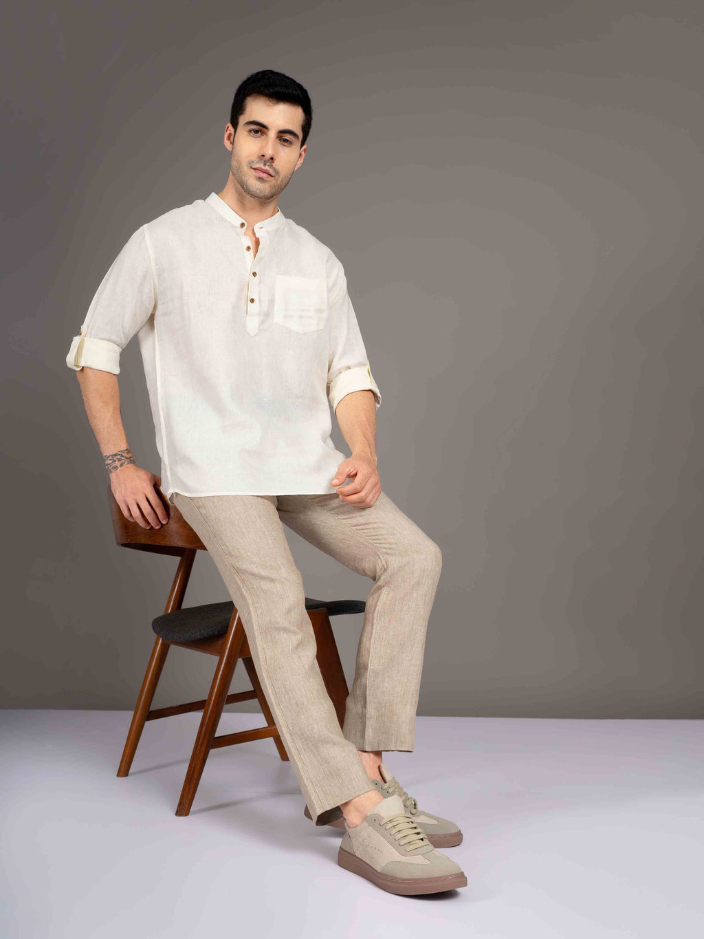 ST4U Men's Pure Linen Full Sleeve Chambray Short Kurta – Cream