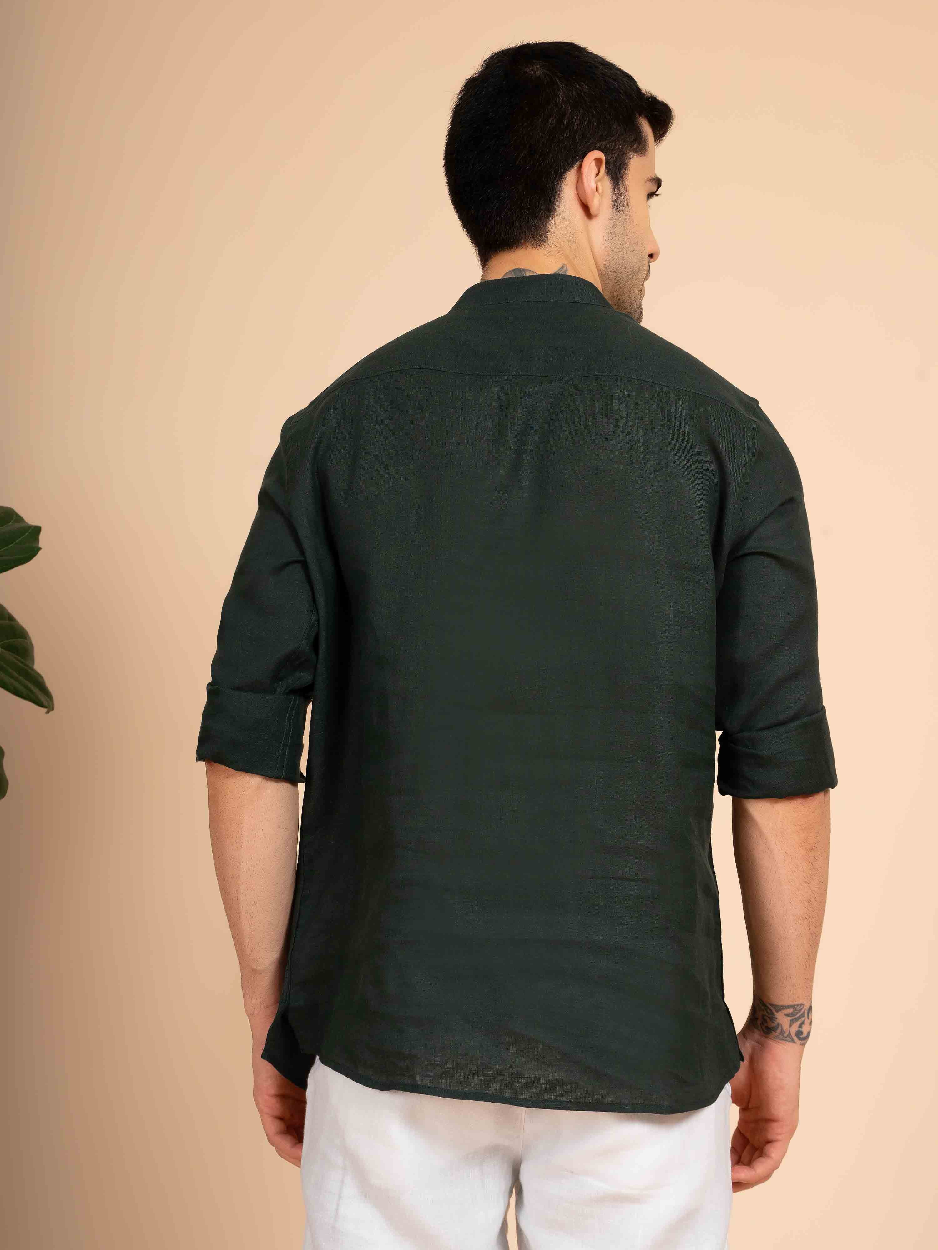 ST4U Men's Pure Linen Full Sleeve Chambray Short Kurta – Bottle Green
