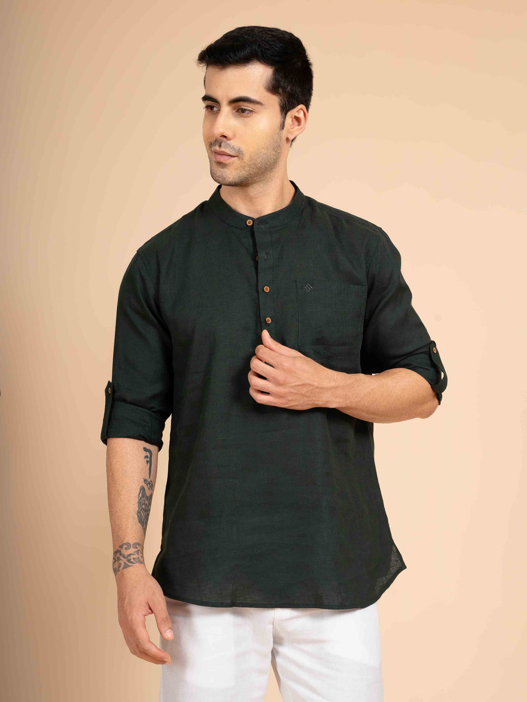 ST4U Men's Pure Linen Full Sleeve Chambray Short Kurta – Bottle Green
