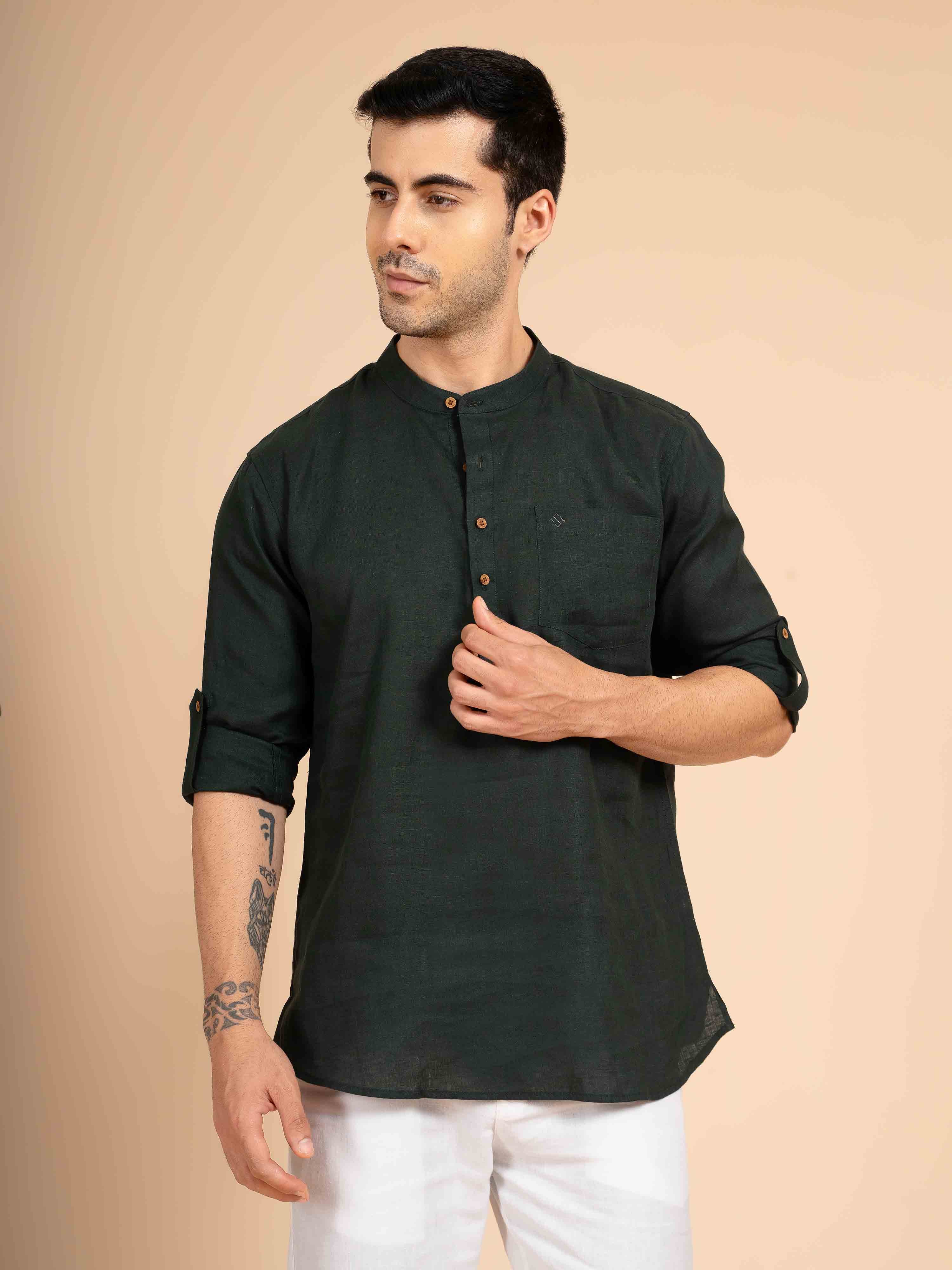 ST4U Men's Pure Linen Full Sleeve Chambray Short Kurta – Bottle Green