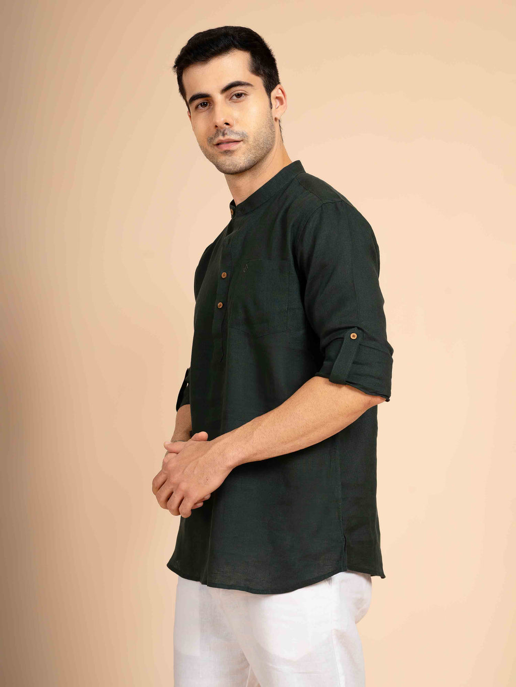 ST4U Men's Pure Linen Full Sleeve Chambray Short Kurta – Bottle Green