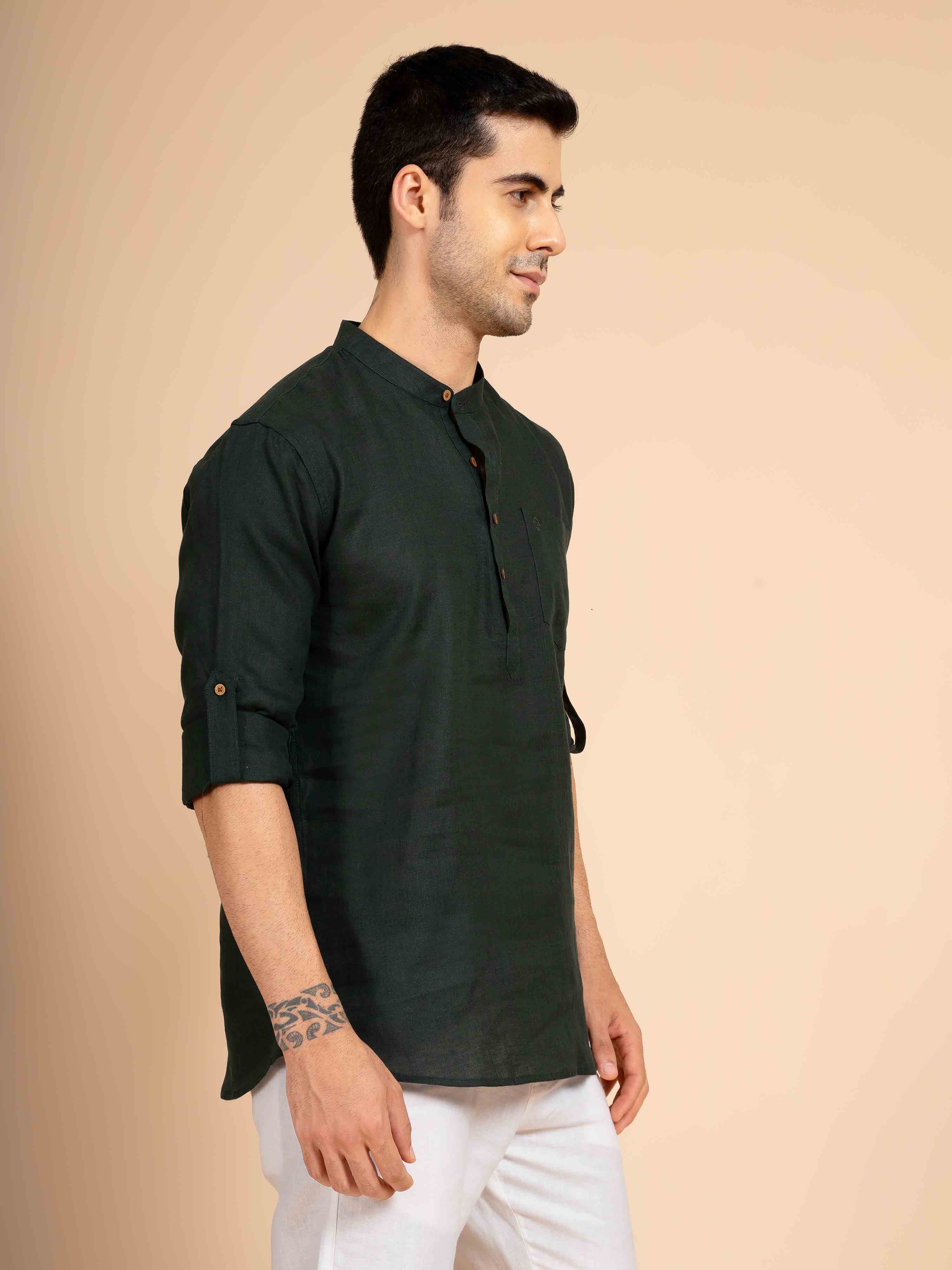 ST4U Men's Pure Linen Full Sleeve Chambray Short Kurta – Bottle Green