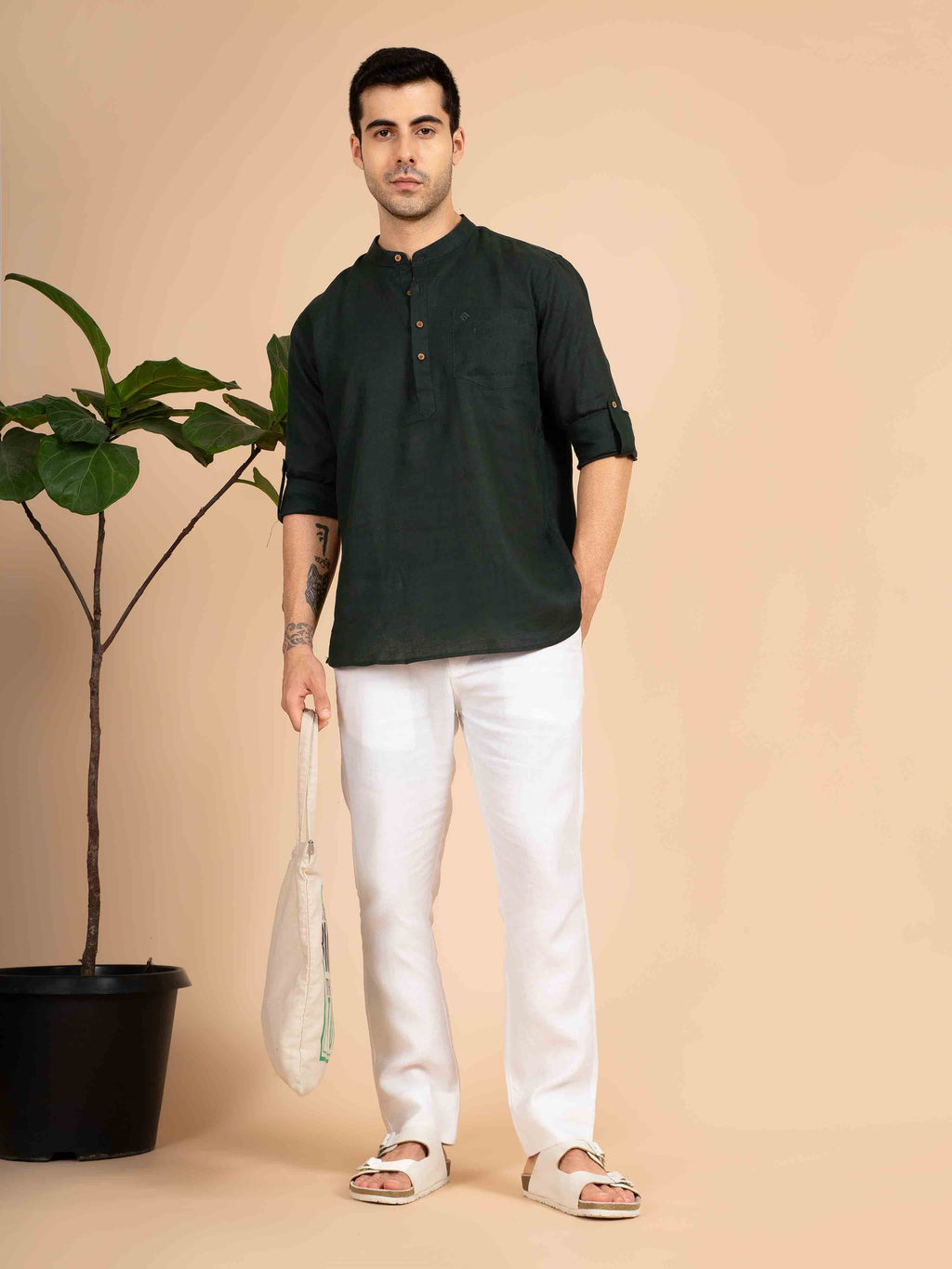 ST4U Men's Pure Linen Full Sleeve Chambray Short Kurta – Bottle Green