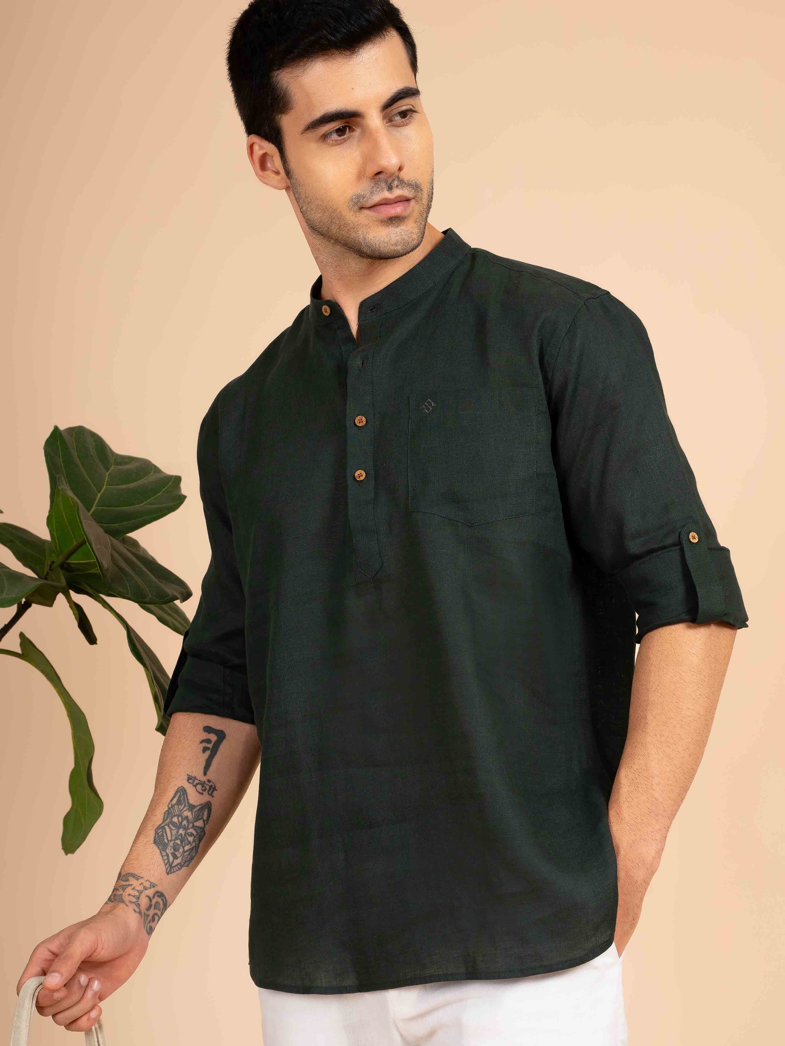 ST4U Men's Pure Linen Full Sleeve Chambray Short Kurta – Bottle Green