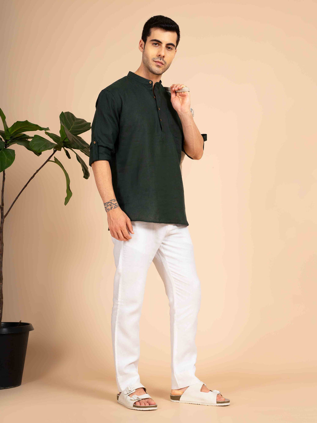 ST4U Men's Pure Linen Full Sleeve Chambray Short Kurta – Bottle Green