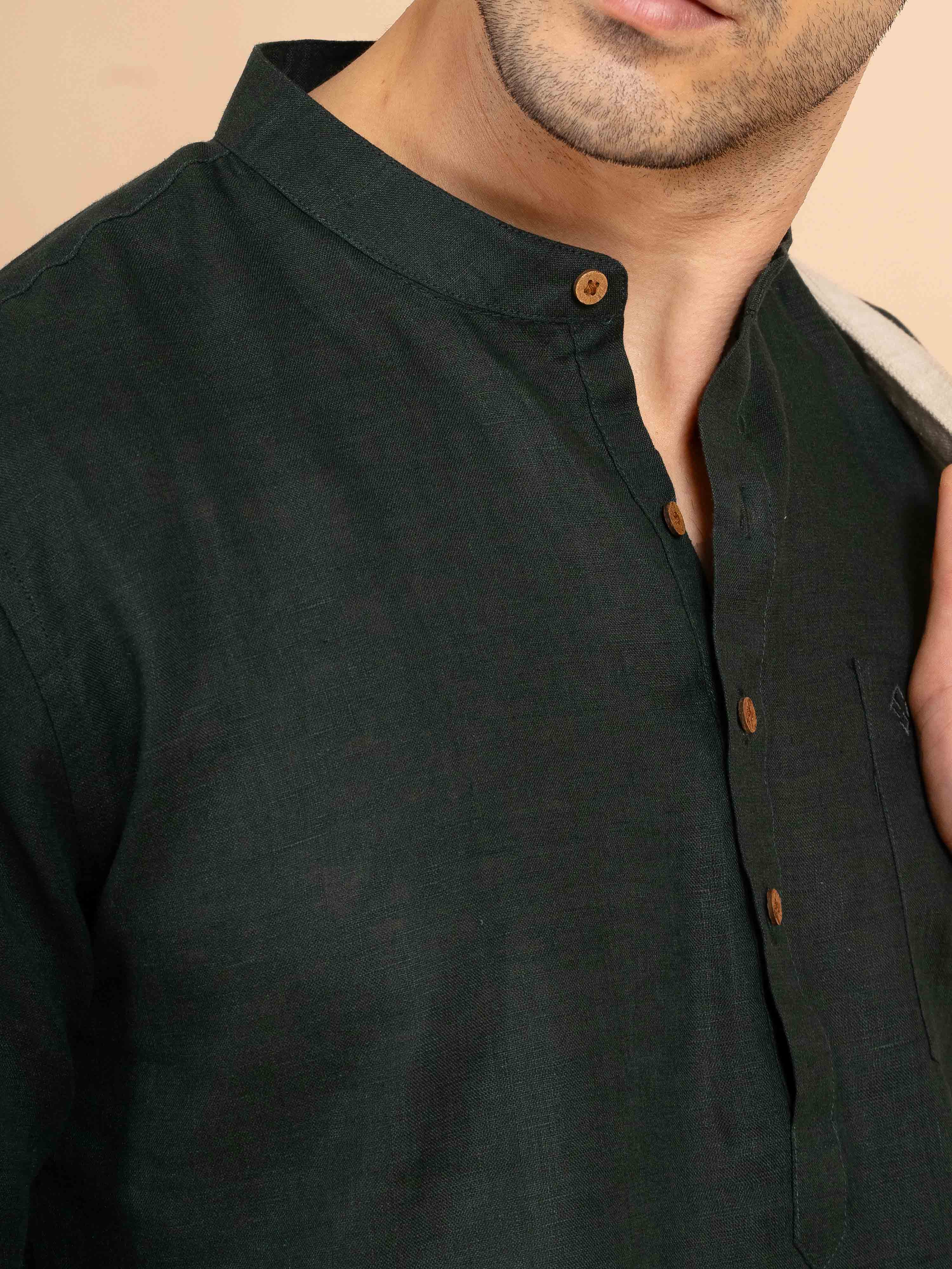 ST4U Men's Pure Linen Full Sleeve Chambray Short Kurta – Bottle Green