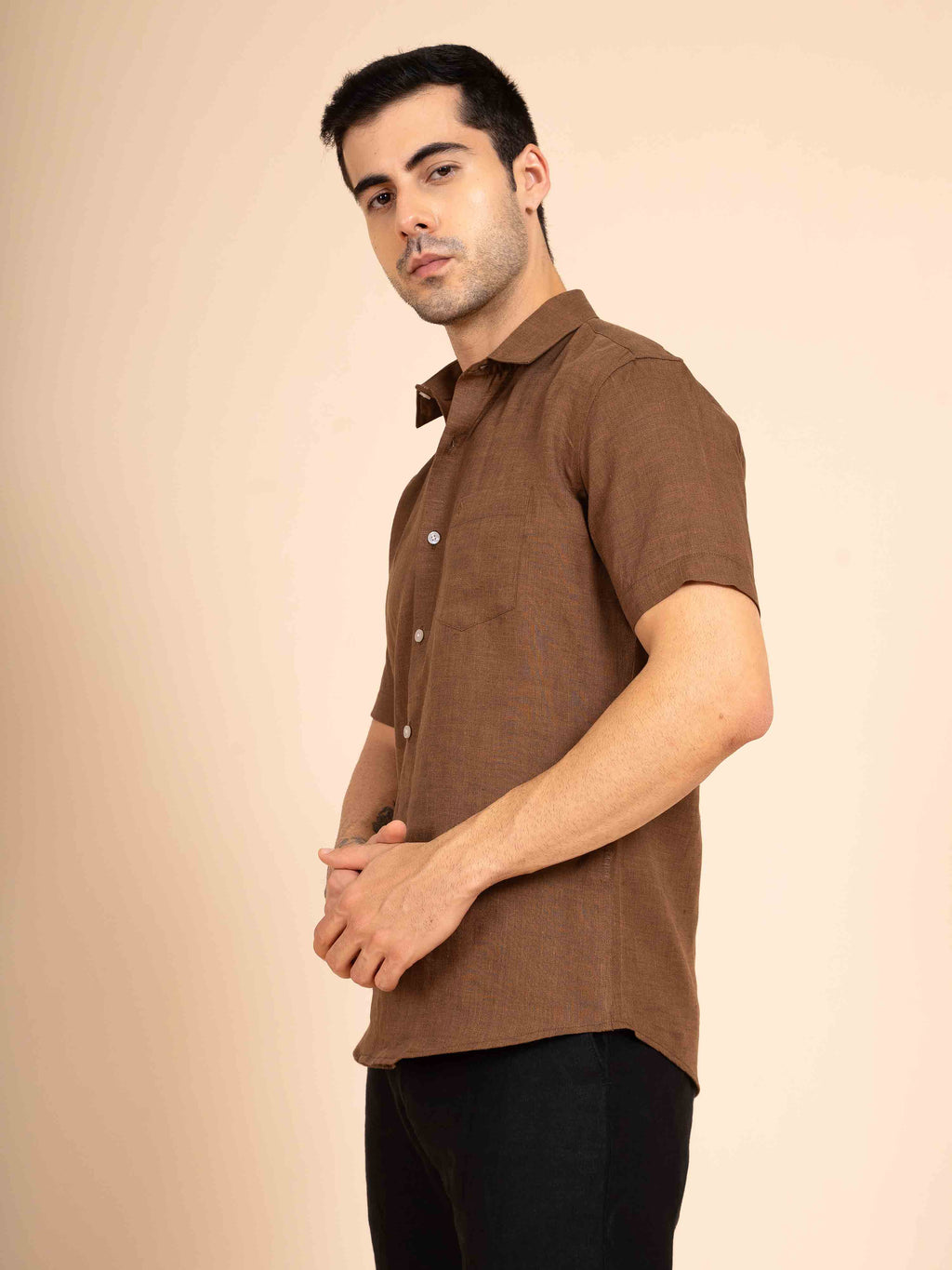 ST4U Men's Pure Linen Half Sleeve Shirt – Bronze Brown
