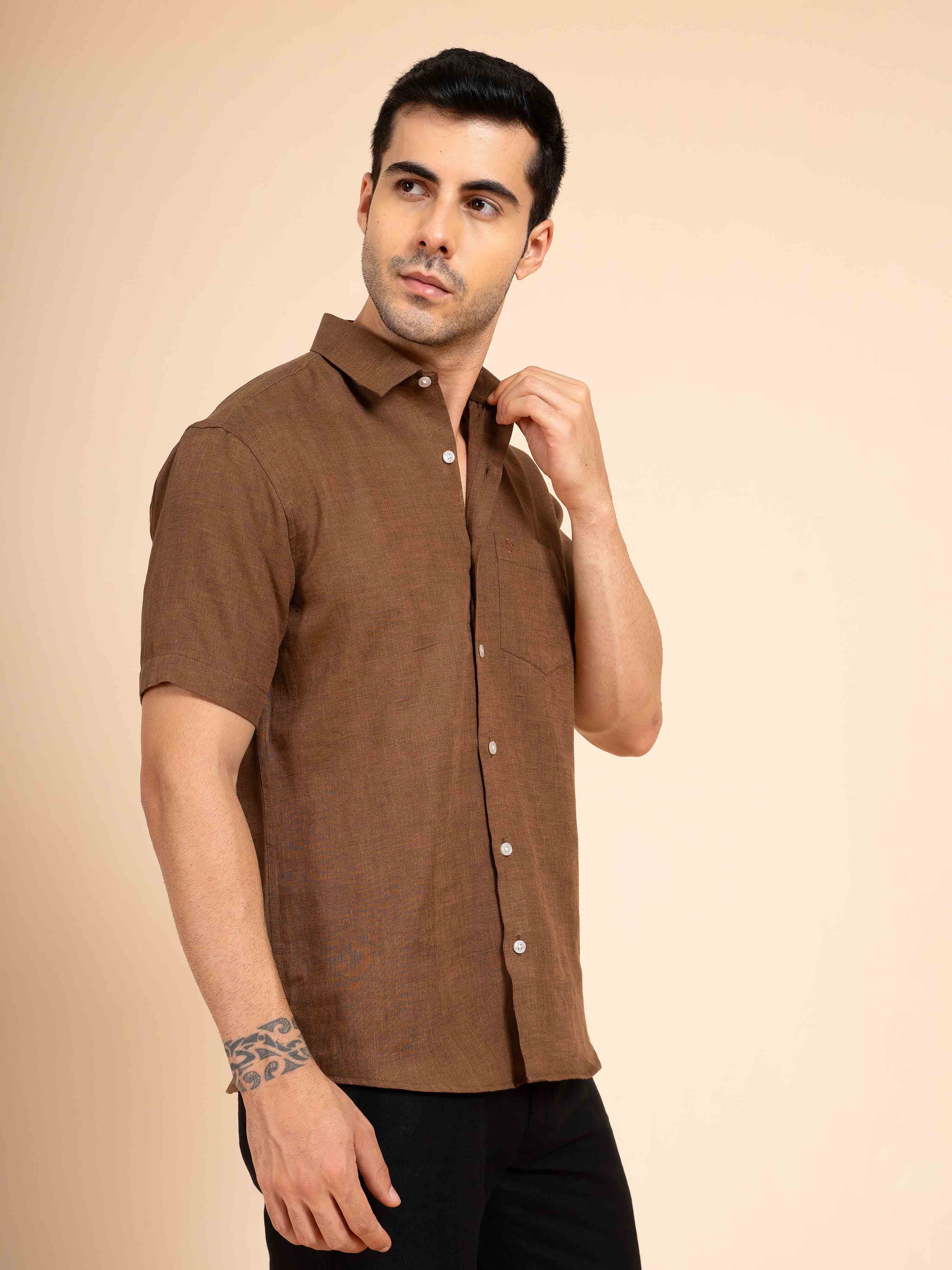 ST4U Men's Pure Linen Half Sleeve Shirt – Bronze Brown