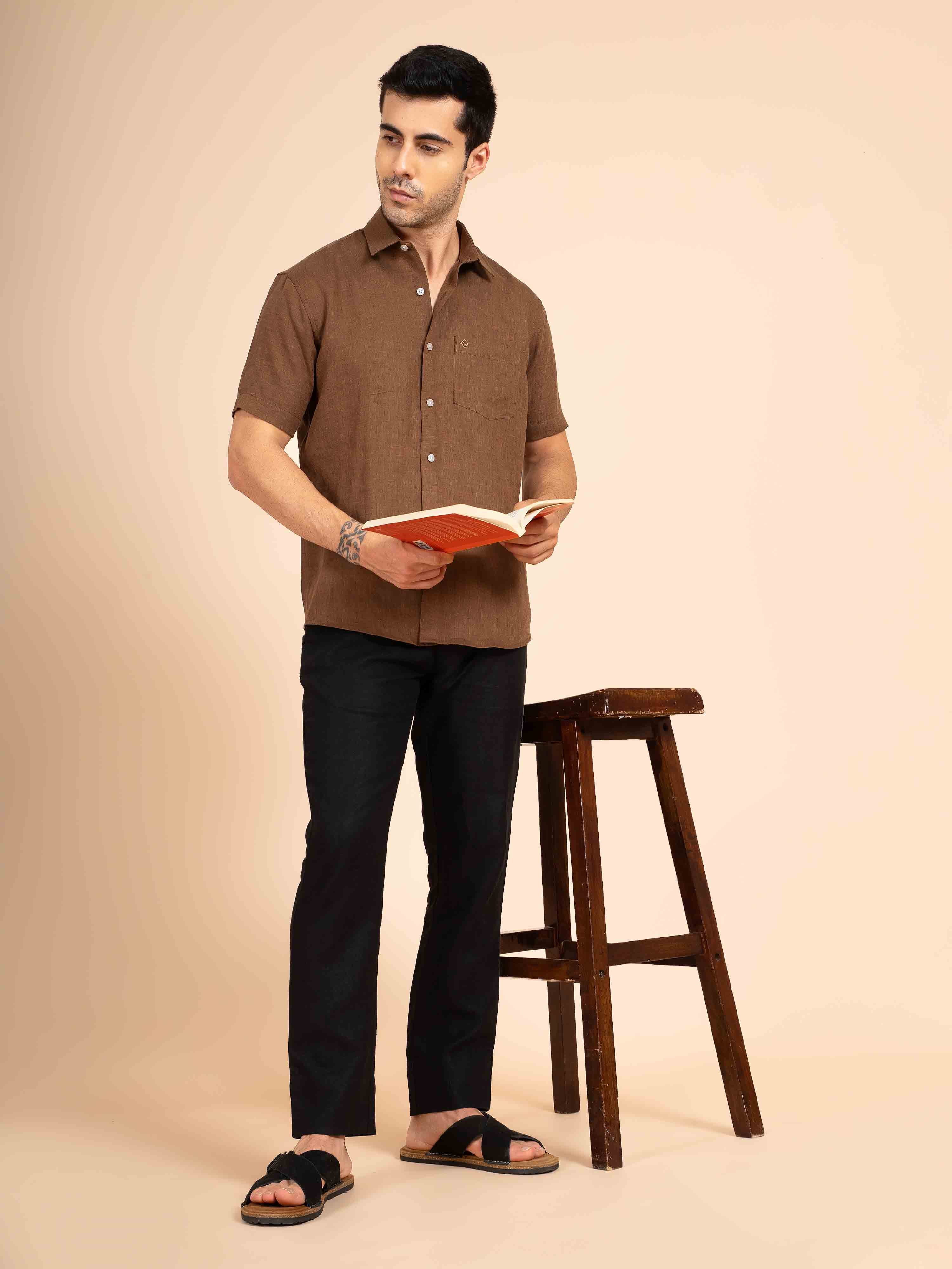 ST4U Men's Pure Linen Half Sleeve Shirt – Bronze Brown