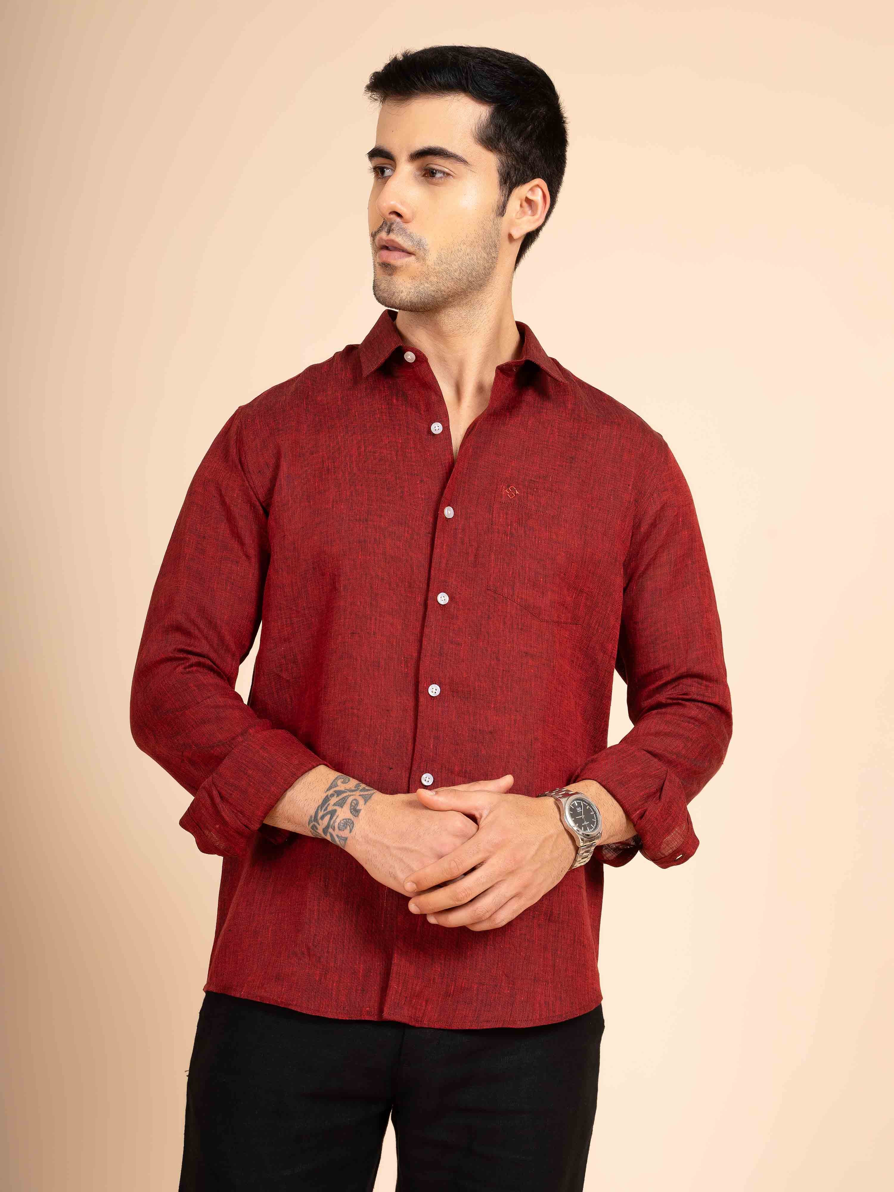 ST4U Men's Pure Linen Full Sleeve Shirt – Dark Maroon